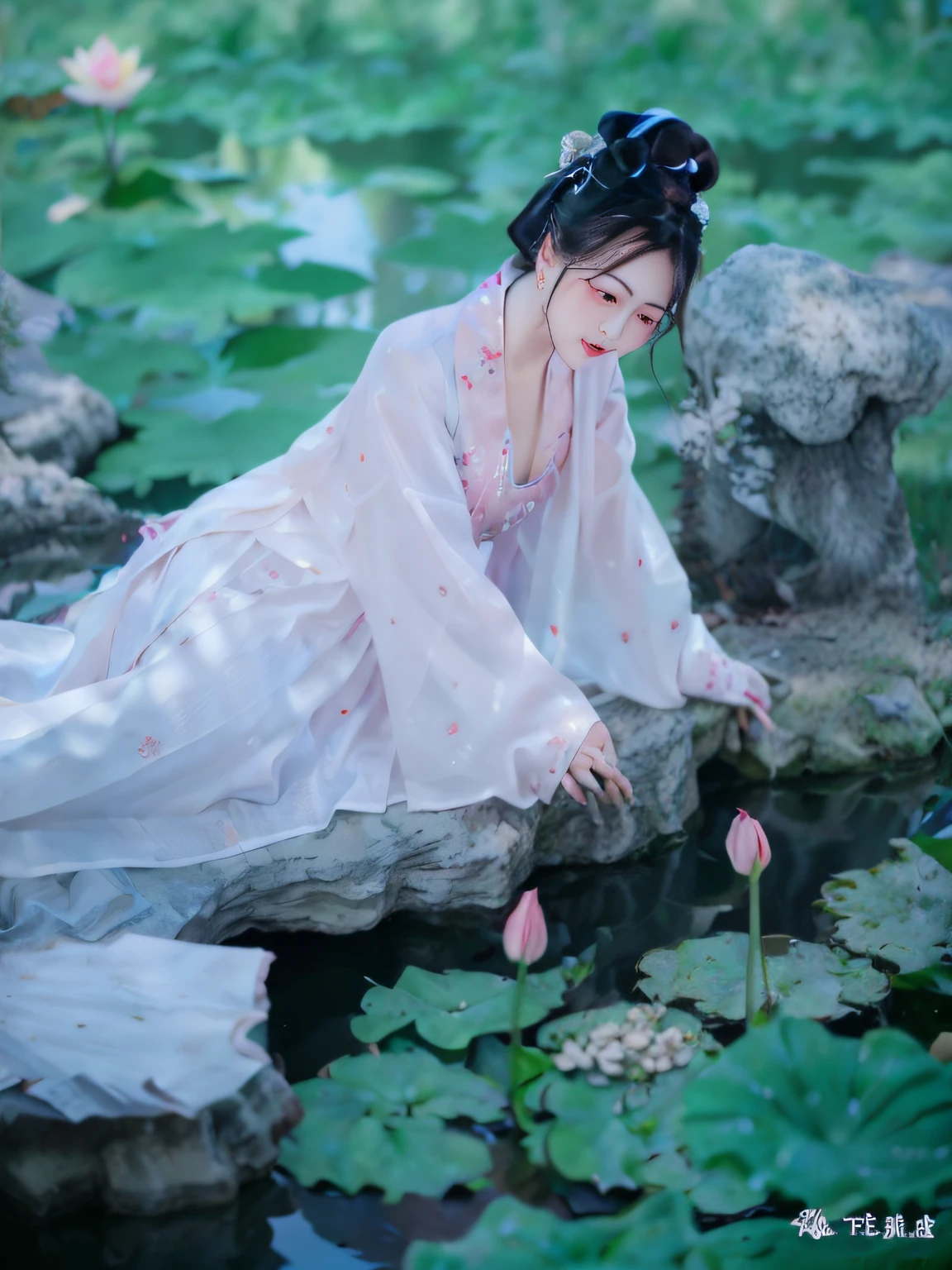 Light pink and light white tones,full bodyesbian, white backgrounid, Natural lighting, Efeito de Luz, minimalist, Elegant, pure tenderness, softlighting, realisticlying. A woman who is (鎖骨, bshoulders,) posing on a (pray and stand) A super giant lotus with large and long petals (Petals are made of thin, soft gauze fabric, Full background of flowing petals, floating petal, super flying petals, Smoke effect mixed with petals), Lotus dress,((ssee-through)).