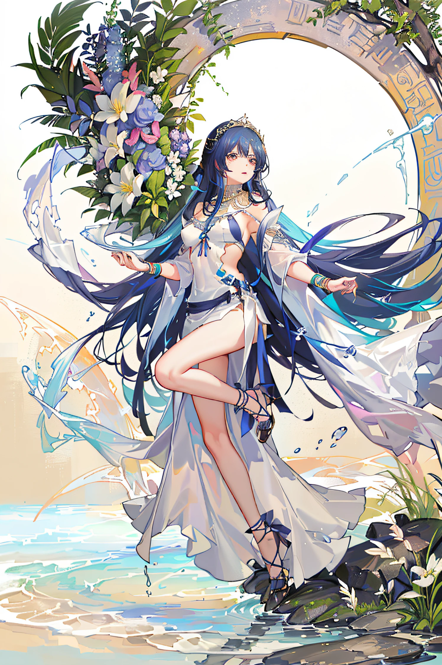<lora:wada5-locon-u3e-4-t3e-4:1>,1girl ,bare shoulders ,barefoot ,black hair ,blue flower ,bouquet ,branch ,closed mouth ,colored inner hair ,colorful ,dress ,fish ,flower ,holding ,holding bouquet ,leaf ,long dress ,long hair ,looking at viewer ,mountain ,multicolored hair ,no shoes ,orange flower ,pool ,purple eyes ,purple flower ,purple hair ,red flower ,rose ,see-through ,see-through dress ,solo ,standing ,strapless ,strapless dress ,tree ,two-tone hair ,very long hair ,wading ,water ,waterfall ,wet ,white dress