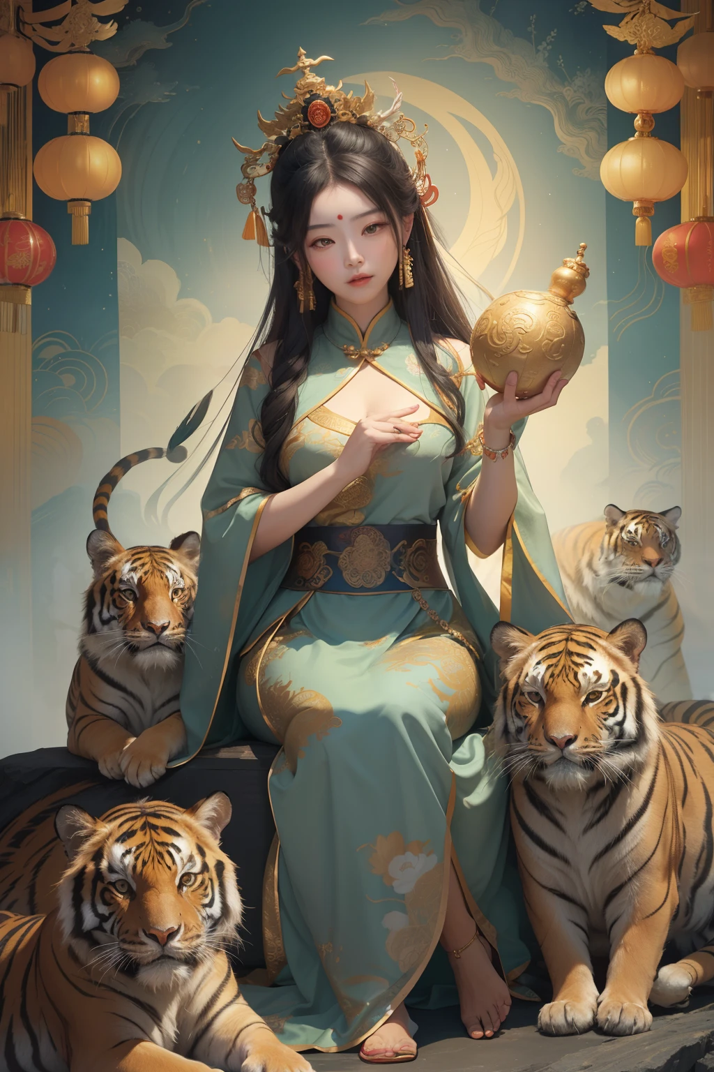 an ancient Chinese goddess, guanyin of the southern seas, Guanyin, Inspired by China, Avalokiteshvara rides a tiger，,Serene expression,shui mo hua,Buddha,Buddhist,Lotus,Chinese painting style,Thangka style