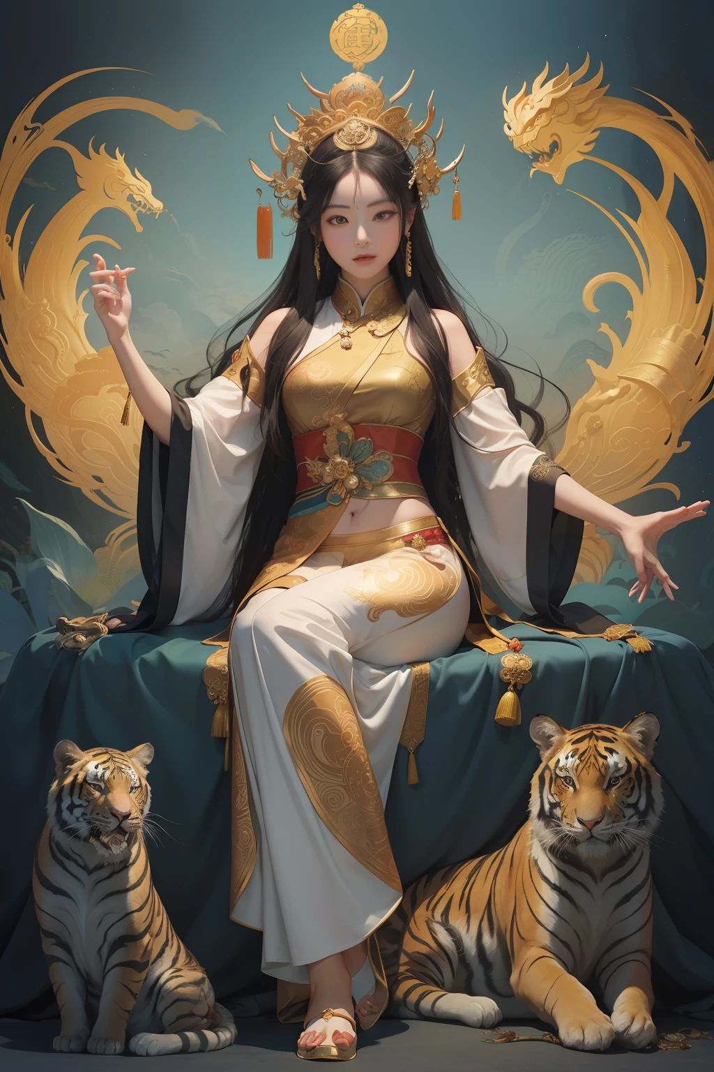 an ancient Chinese goddess, guanyin of the southern seas, Guanyin, Inspired by China, Avalokiteshvara rides a tiger，,Serene expression,shui mo hua,Buddha,Buddhist,Lotus,Chinese painting style,Thangka style