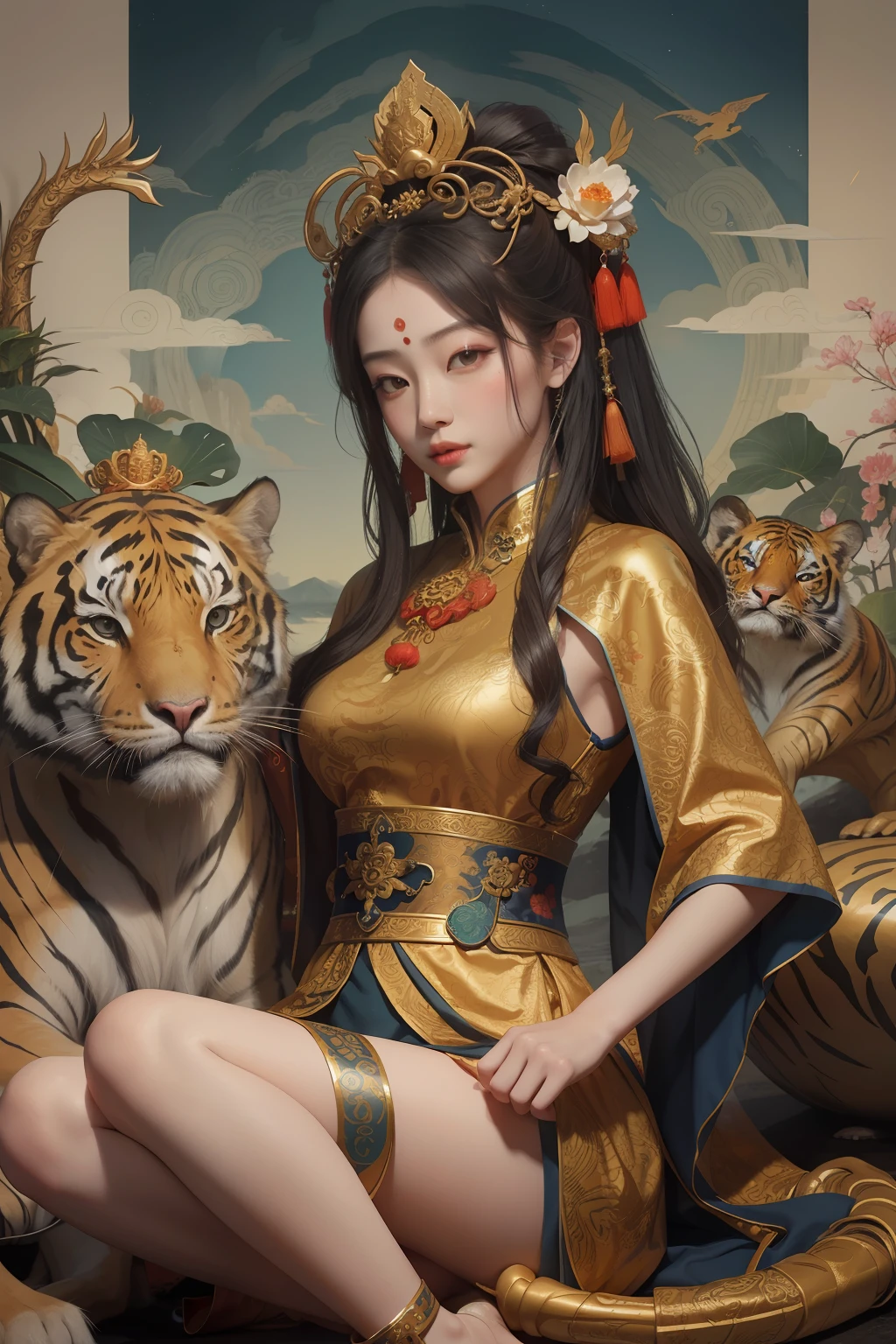 an ancient Chinese goddess, guanyin of the southern seas, Guanyin, Inspired by China, Avalokiteshvara rides a tiger,,Serene expression,shui mo hua,Buddha,Buddhist,Lotus,Chinese painting style,Thangka style