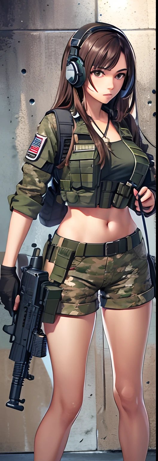 1girl, solo, long hair, brown hair, black hair, navel, holding, weapon, shorts, midriff, holding weapon, gun, military, headphones, holding gun, rifle, handgun, headset, realistic, assault rifle, camouflage, m4 carbine, load bearing vest,wearing epTactical