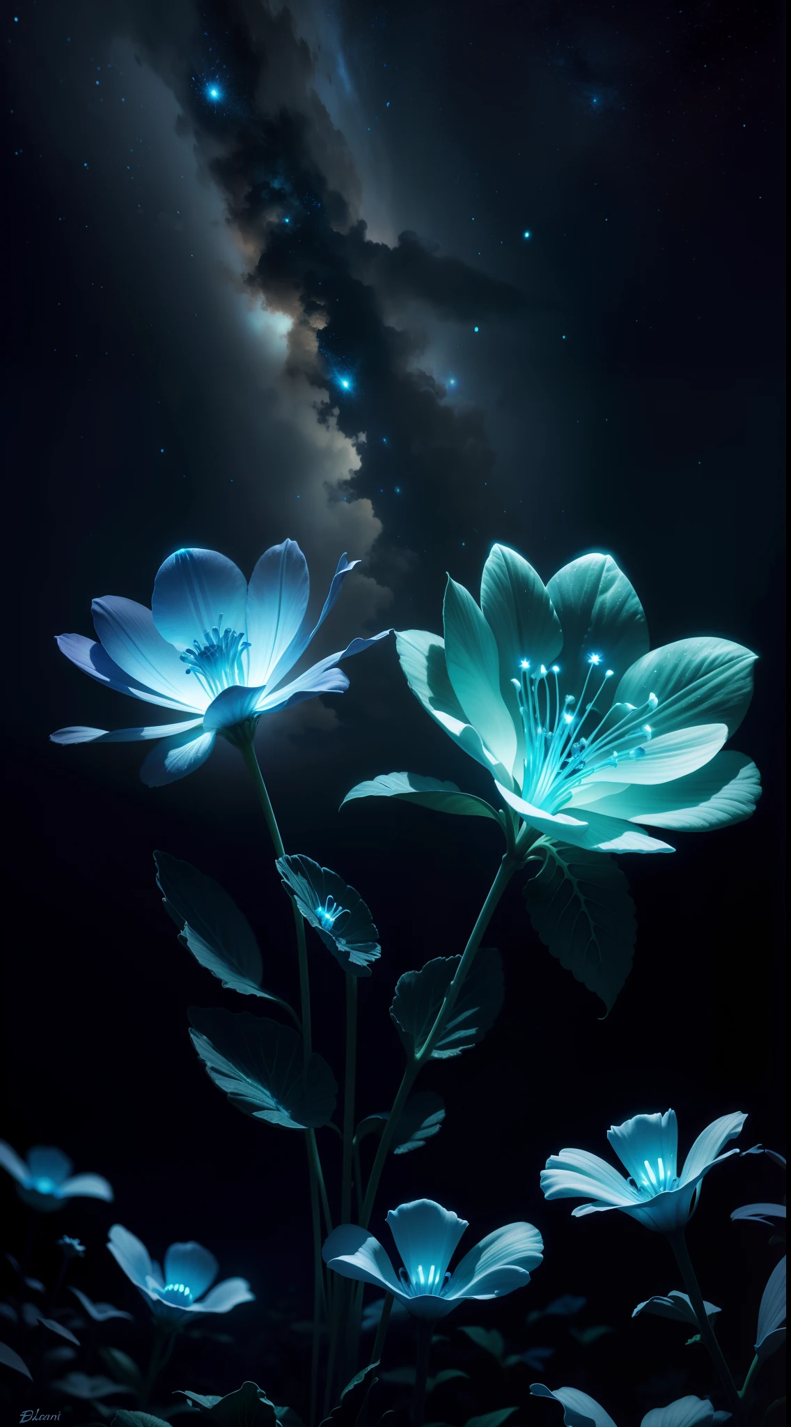 bioluminescence, flowers, night, sky