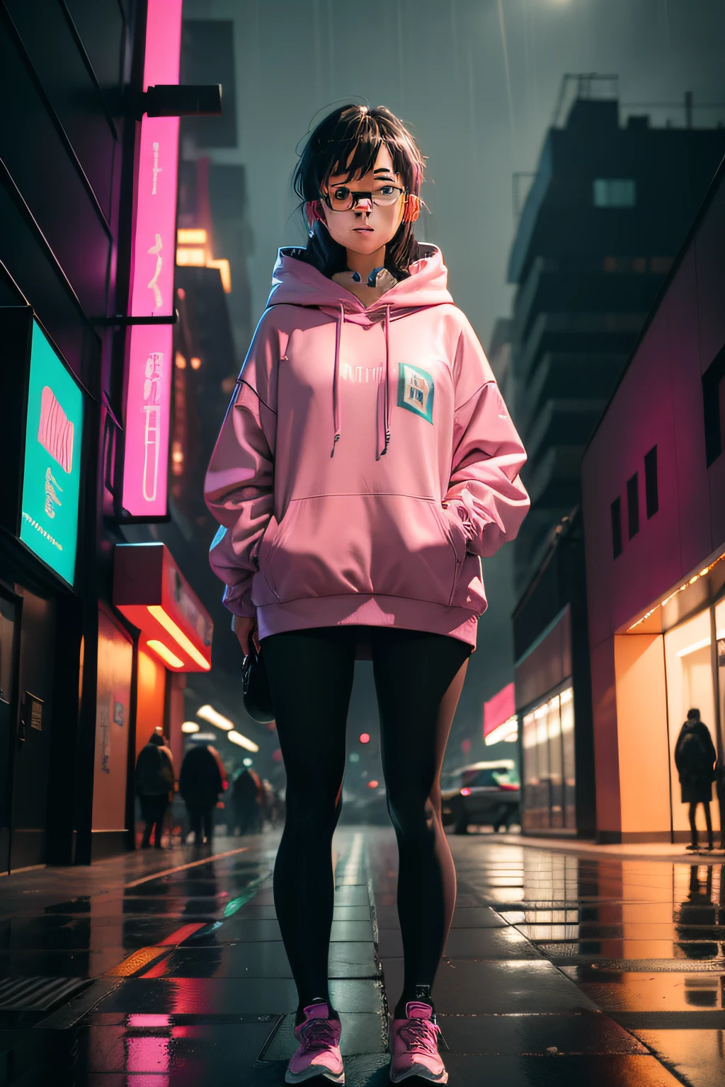 On a rainy night，Cyberpunk style building，There was a cool asian girl standing，The eyes are large，Wearing a pink sweatshirt，wears glasses