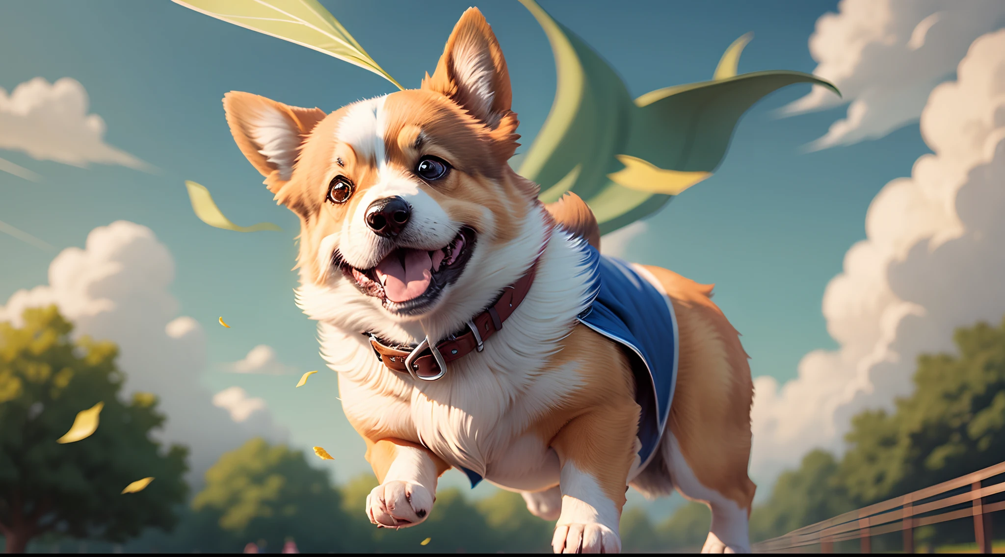 (corgi wearing a cape flying over a park), perfect, superhero cartoon style, detailed, inspiring, cool --auto --s2