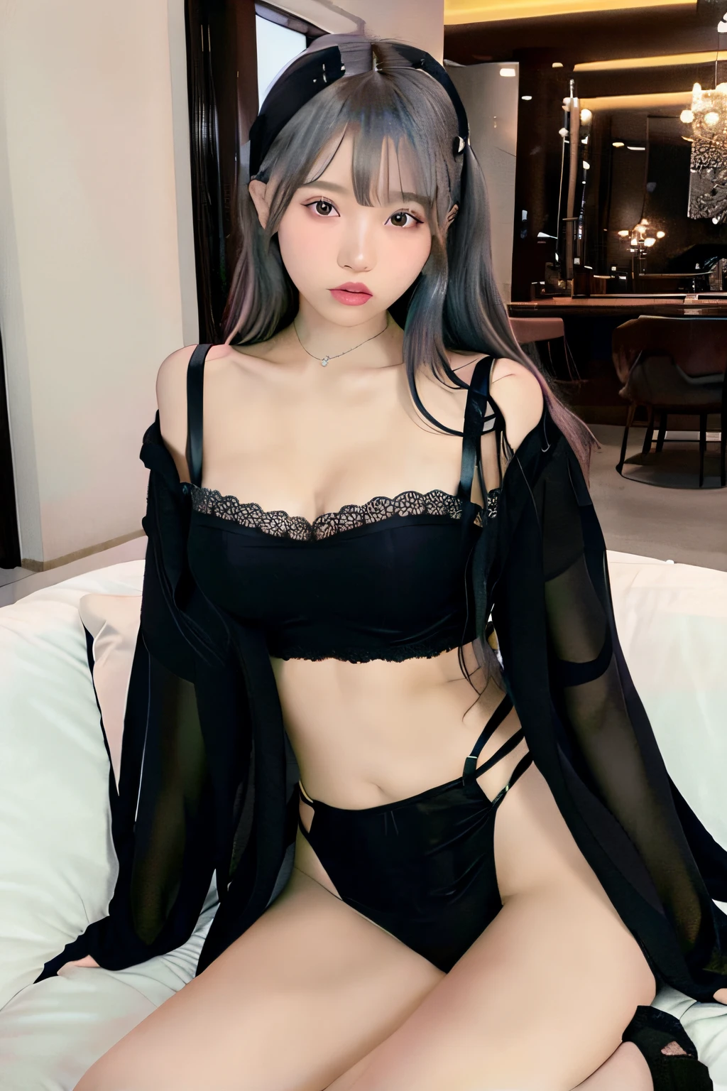 araffe asian woman in lingerie sitting on a bed, Wearing sexy lingerie, Lingerie, Sexy :8, Sexy girl, thin black lingerie, Korean girl, Black bra, Black underwear, Yoshitomo Nara, Korean, Good young girl, 1 8 I, Asian girl, Open V chest clothes, wings black lace wear, seductive anime girls