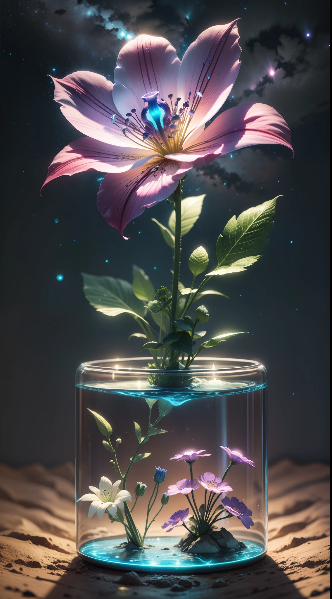 bioluminescence, flowers, night, sky