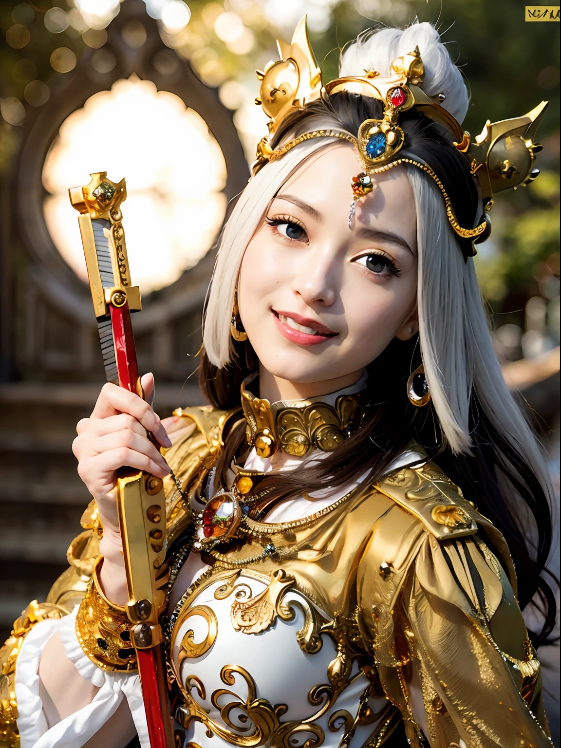 (masutepiece), Professional , masterpiece、top-quality、photos realistic , depth of fields (Gemstone Silver Metal Body:1.9),(Matte White、Jewel Gold Weapon(Jewel Metal Body:1.4),Gorgeous metal weapons , Detailed Sword of the Brave , Beautiful knife ,warhammer 40k , adepta sororitas,(Army of monsters background),Detail and ornate jewel crown、Black hair、Gangle's forest background、Beautiful Caucasian beauty、1a person、dynamic ungle,(((Detailed and ornate diamond crown)))、Smaller head、A smile、Take a sexy pose、Background inside the castle、Thin and beautiful female hands、Old ancient ruins、A smile、cleavage of the breast、