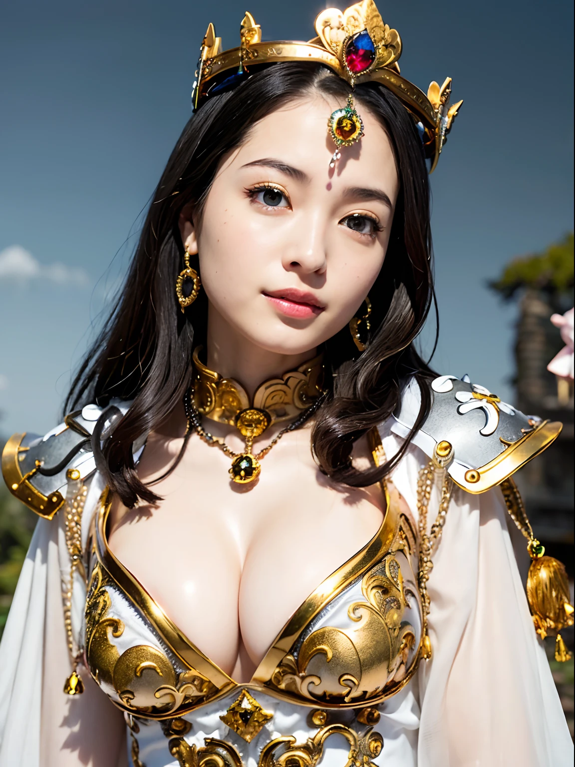 (masutepiece), Professional , ​masterpiece、top-quality、photos realistic , depth of fields （Gemstone Silver Metal Body:1.９),(Matte White、Jewel Gold Weapon（Jewel Metal Body:1.４),Gorgeous metal weapons , Detailed Sword of the Brave , Beautiful knife   ,warhammer 40k , adepta sororitas,(Army of monsters background),Detail and ornate jewel crown、Black hair、Gangle's forest background、Beautiful Caucasian beauty、１a person、dynamic ungle,(((Detailed and ornate diamond crown)))、Smaller head、A smile、Take a sexy pose、Background inside the castle、Thin and beautiful female hands、Old ancient ruins、A smile、cleavage of the breast、