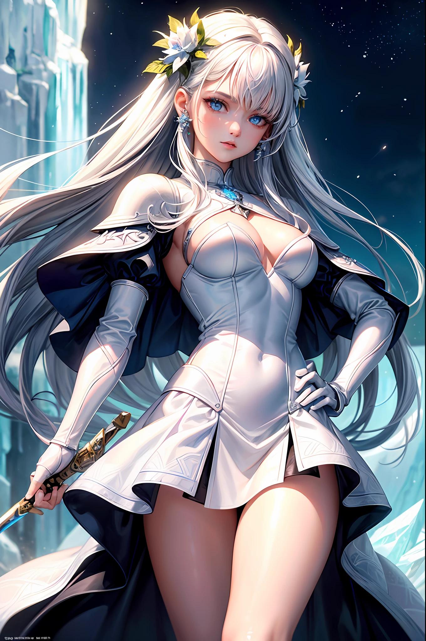 (highres, ultra detailed), masterpiece, best quality, a beautiful 19 years old woman in white leather armor outfit, cute, solo, long hair, white hair, blue eye, glowing eye, athletic, glow effect, finely eye, detailed face, looking at viewer, ice princess, ice magic, sword, small breasts, fantasy garden with ice flowers complex background, sun