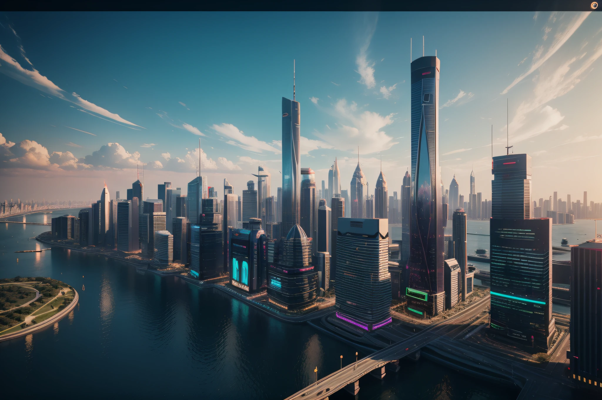 The above Bund is the prototype，Ultra-expansive vision，Bright city skyline，Skyscrapers and glorious sunshine, synthwave city, style hybrid mix of beeple, artgem and beeple masterpiece, recusion beeple, in the style of beeple, beeple!!, beeple colors, cinematic beeple, Inspired by Beeple, beeple |
