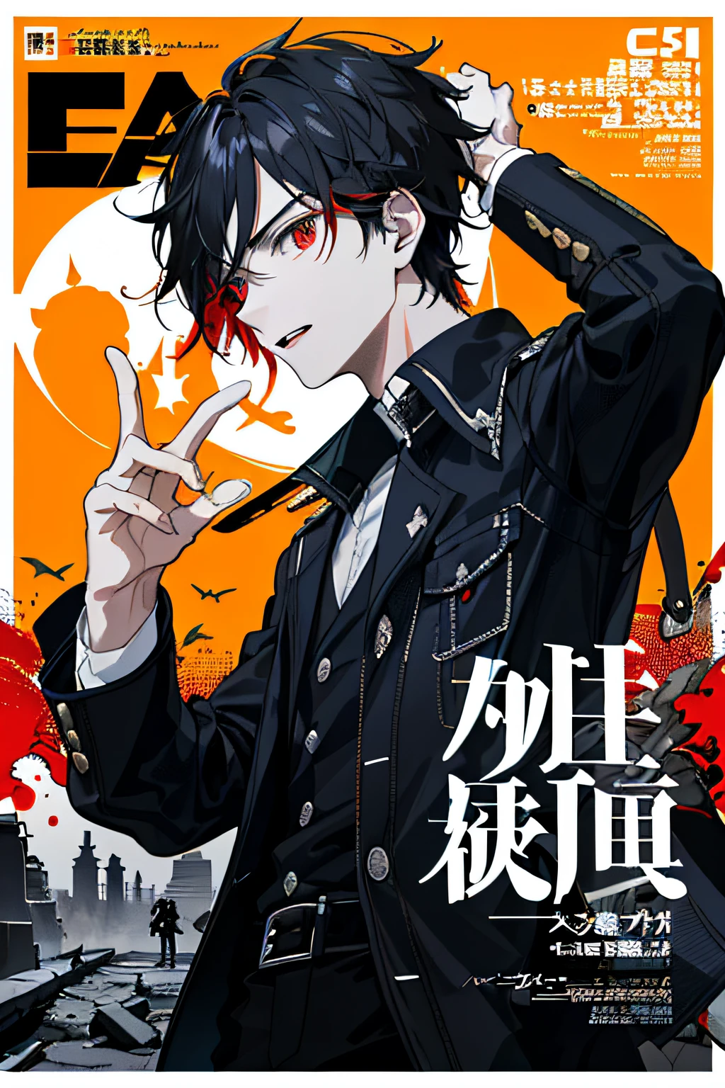 The movie poster features a young man as the central character。He stands confident in the center of the poster，Dress in fashion-forward clothing，with a determined expression on her face。background is dark，A lot of red，There is a sense of danger and a strong feeling。holding a gamepad in his hand，The text is bold and eye-catching，With catchy slogans，Adds to the overall drama and excitement。The color palette is dominated by deep red，Dotted with bright red，Make the poster dynamic and visually striking，tachi-e (Magazines:1.3), (Cover-style:1.3),