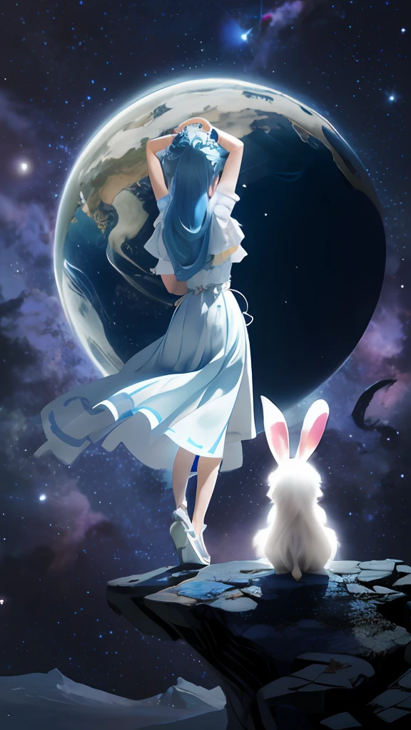 （first person perspective, in a panoramic view，magic realism，surrealism，Chiaroscuro, anime illustration：1.5，，Masterpiece, hyper HD, Super detail, High details, Best quality, A high resolution, A high resolution, Award-Awarded, Award-Awarded, Anatomically correct, 8K，），（1 girl standing，reaching out her hands，Turn your back to the audience：1.6，Sitting little white rabbit，Turn your back to the audience），（Anime girl with blue hair and white dress with flower crown：1.5，Delicate girl，beuaty girl，palaces，hanfugirl，Sitting cute little white rabbit：1.2），（Guviz-style artwork，Guvitz，inspired by Leng Mei，A beautiful fantasy queen，Inspired by Lee Mei Shu，Popular on CGstation，Inspired by Ai Xuan，Blue and white Hanfu，High heels，a beautiful fantasy empress：1.5），（A cliff protruding from the lunar surface in the foreground，There is a bright blue Earth suspended in space：1.5，Realistic earth：1.5，A brilliant nebula in outer space in the background，Splendid night sky，Peaceful night sky），（Chic anime girl，anatomy correct，Oriental elements，Cinematic lighting，senior color matching，Dark background）