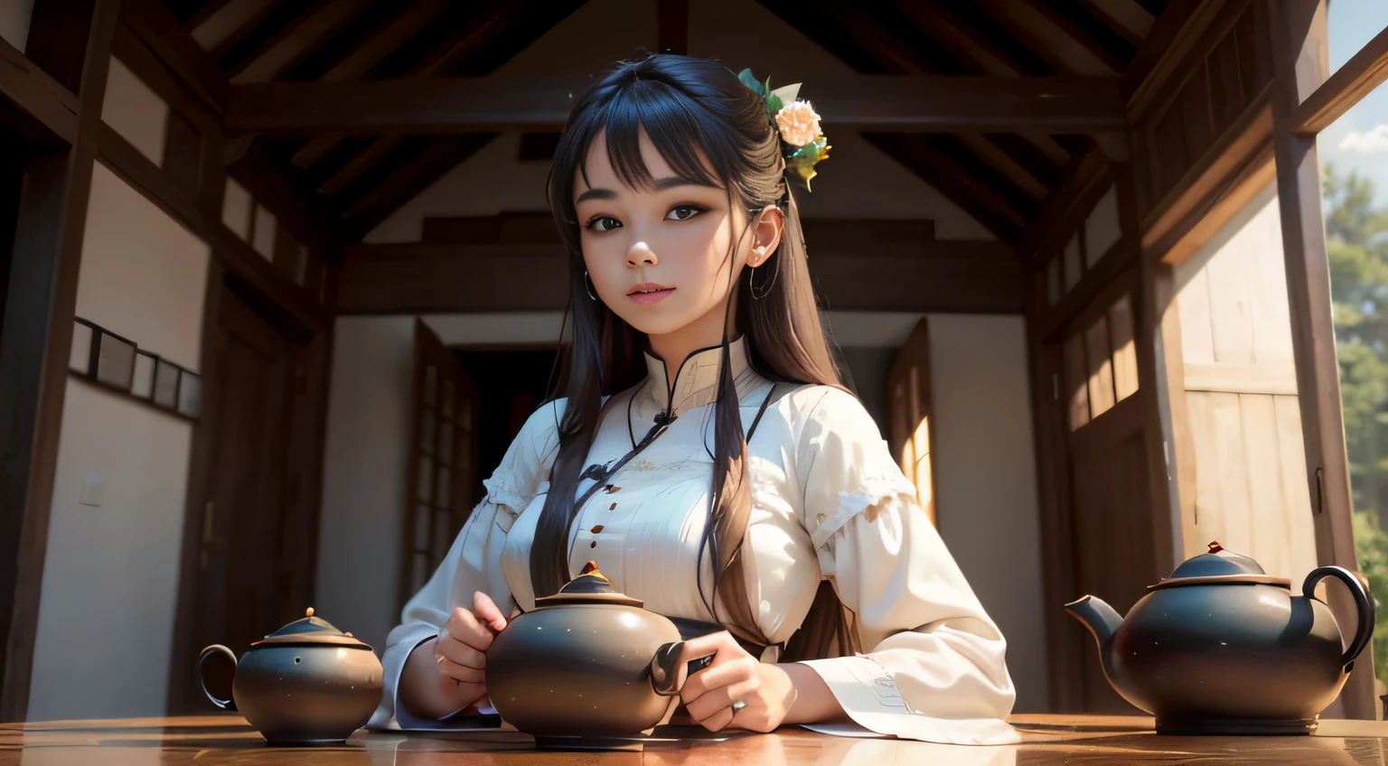 Very detailed face,beatiful detailed eyes,ssmile,Beautiful and moving,The figure is bumpy,8K,Detailed details,k hd,best qualtiy,tmasterpiece,Hold a teacup in your right hand,Hot air comes out of the teacup,The tea set in the left hand is replaced with a tea art tool,Tea leaves are placed on the table