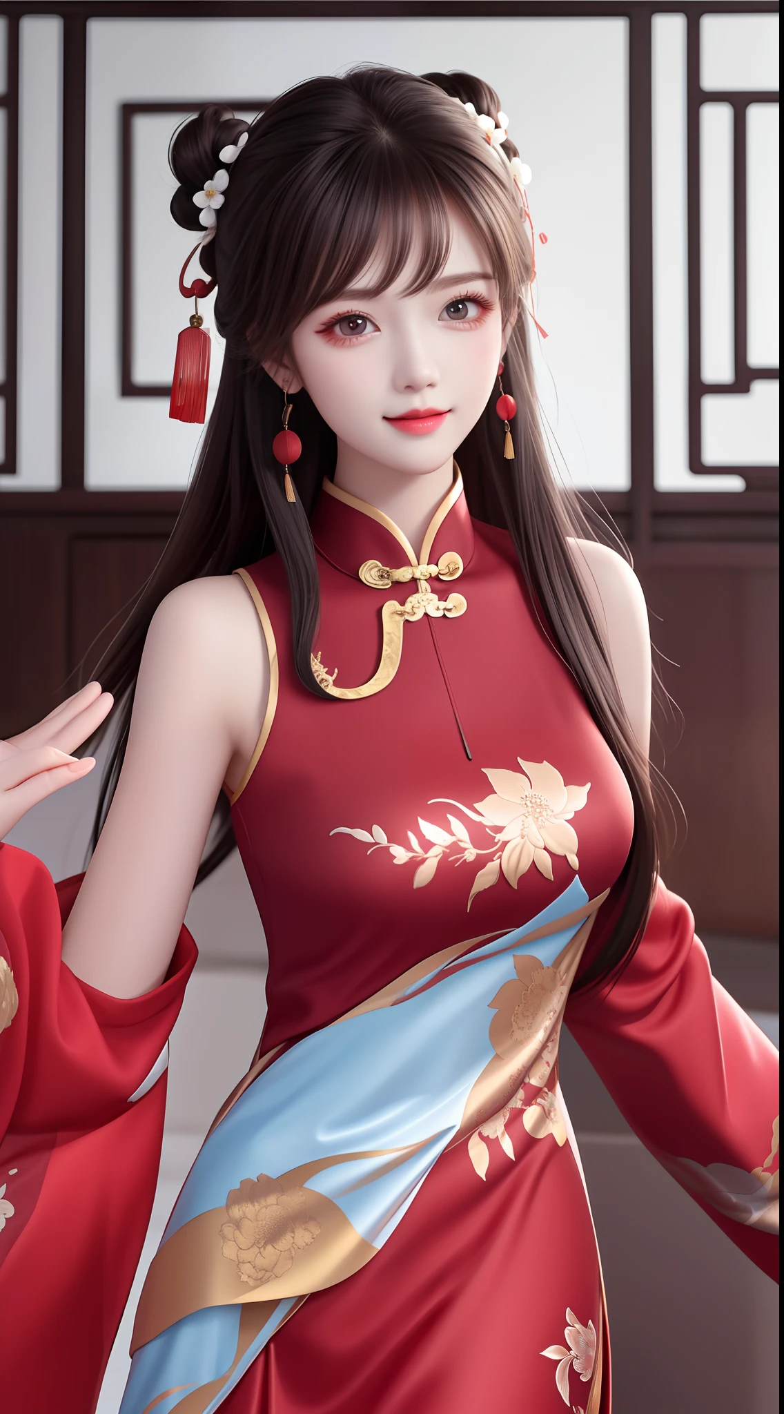 Need,tmasterpiece,A high resolution,1girll,Blushlush,(Seductive smile:0.8),starpupil,Chinese shoulder suction red Hanfu,hair adornments,choker necklace,trinkets,beautfully face,On_Body,Tindal effect,Lifelike,Shadow room,Light edges,Two-tone lighting，（highdetailskin：1.2），8K, Ultra HD，Slr，softlighting，high high quality，Volumetriclighting，Candid camera，photore，A high resolution，4K，8K，Antique bust photo in the background: A girl about 22 years old，Perfectcomposition，Precise and perfect human anatomy，Golden ratio creation，Surreal and realistic。Detailed skin details，White skin of the，shiny skin，Creamy glowing skin，Skin that is white and red。Exquisite depiction of facial features，Perfect makeup，Detailed depiction of the face，Clean and flawless face。A sweet smile，Smile without showing your teeth。Extremely detailed depiction of hair，Long black hair，Hair coiled，tying  hair，High bun，The wind blew away the hair。Eyebrows upturned，long eyelasher，二重まぶた。Affectionate eyes，Big bright eyes，Sweet with lying silkworms。High nose bridge。Thin lips，Pink lip gloss，Straight teeth。Delicate collarbones。Delicate pendant，Ear ring。Perfect tall figure，Get it all together，Long legs and thin waist，Skinny beauty，Can't be too thin。Straight chest，medium boob。Keep your head up and your chest up，Look ahead，Face the lens，Stand。Ancient architectural background(((Chinese style new Chinese ink floral dress)))，half-body photo，Kizi，mid hair，Hair over the shoulder，Clear eyes，Smooth hair，Exquisite and perfect facial features，the most beautiful big eyes，Long eyelashes，The eyes are sweet and there are lying silkworms，dynamic angle，Extreme image quality，Highest accuracy，Precise and perfect human body，Works of masters，HighestQuali，mid hair，Hair over the shoulder，Tattooed，brunette color hair，double bun hair，shift dresses，Ear ring，hair adornments，jewely，korean clothes，putting makeup on，photore（curly），standing on your feet，Upp，Facing the viewer，Hyper-Resolution，hyper HD，Optimal quality，Bend long eyelashes，shiny lip，bust