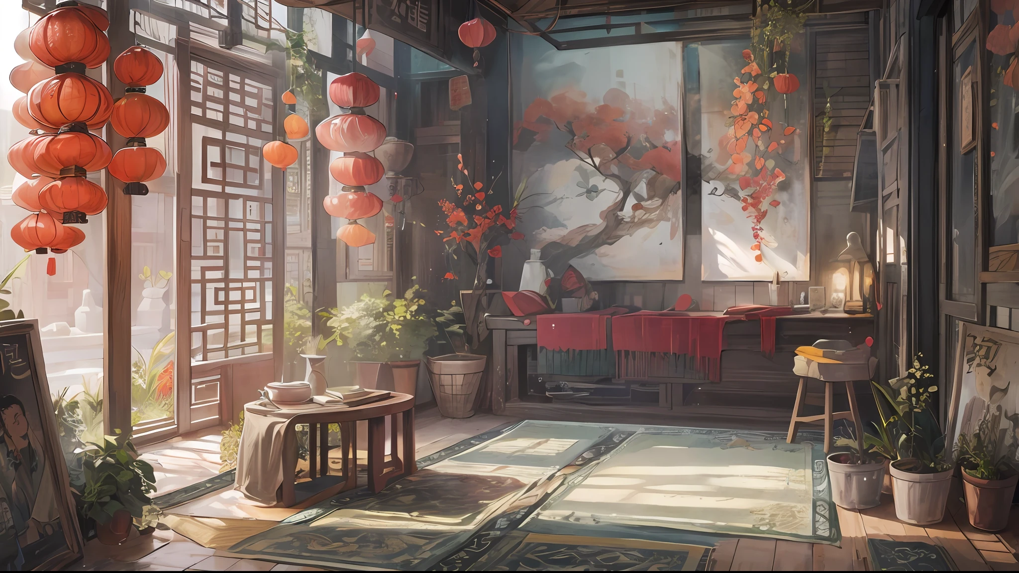 Interior design、Room profile,Chinese Ancient Times,ruri,light yarn,janelas、Outdoor spring view,dream magical,((Color ink)),((Splash ink)),((Splash ink)),Conceptual digital art,The is very detailed,reasonable design,Clear lines,k hd,The best quality,tmasterpiece,超高分辨率,Beautiful graphics,super detailing