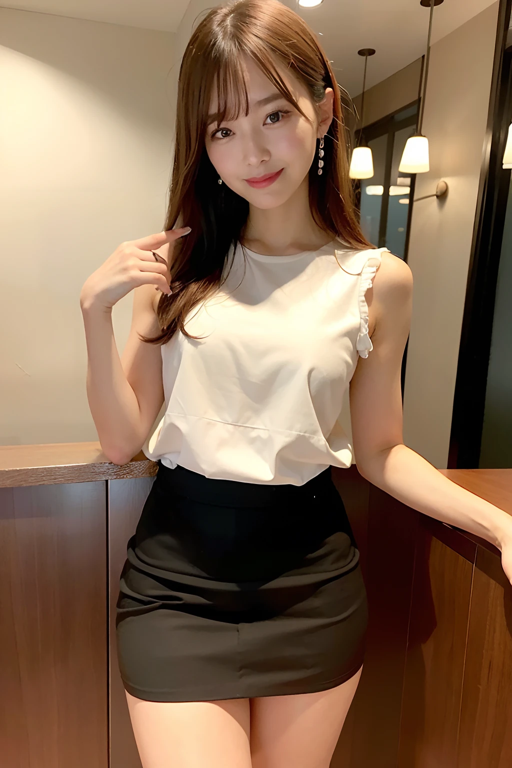 ((top-quality、mid night、8k、masterpiece:1.2))、foco nítido、a smile、appointment、Café Bar、alcohol、drunkenness、A sexy、Long skirt、long legged