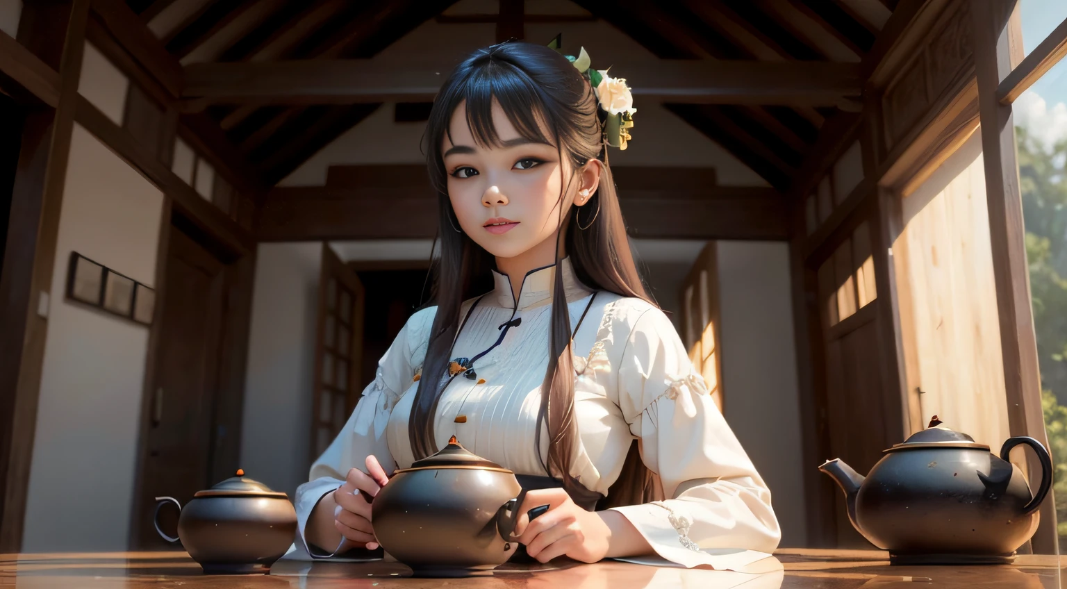 Very detailed face,beatiful detailed eyes,ssmile,Beautiful and moving,The figure is bumpy,8K,Detailed details,k hd,best qualtiy,tmasterpiece,Hold a teacup in your right hand,Hot air comes out of the teacup,The tea set in the left hand is replaced with a tea art tool,Tea leaves are placed on the table