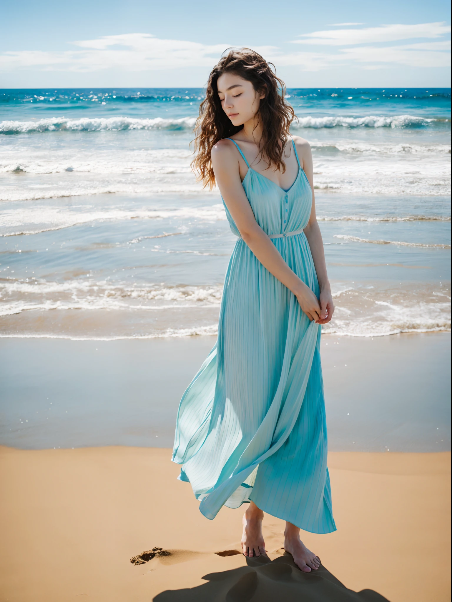 Landscape of a woman standing on the beach、sea side、femele、silence、naturey、landscapes、relax、夏天、Blue-green reflecting the color of the sea、Warm beige or sand colors、Realistic landscape photography、Bright and natural light、Sandy particle and wave texture、Elegant pose expresses the posture of a woman standing on the beach、Sex hair and clothing flow、A form that is conscious of harmony with the surrounding landscape