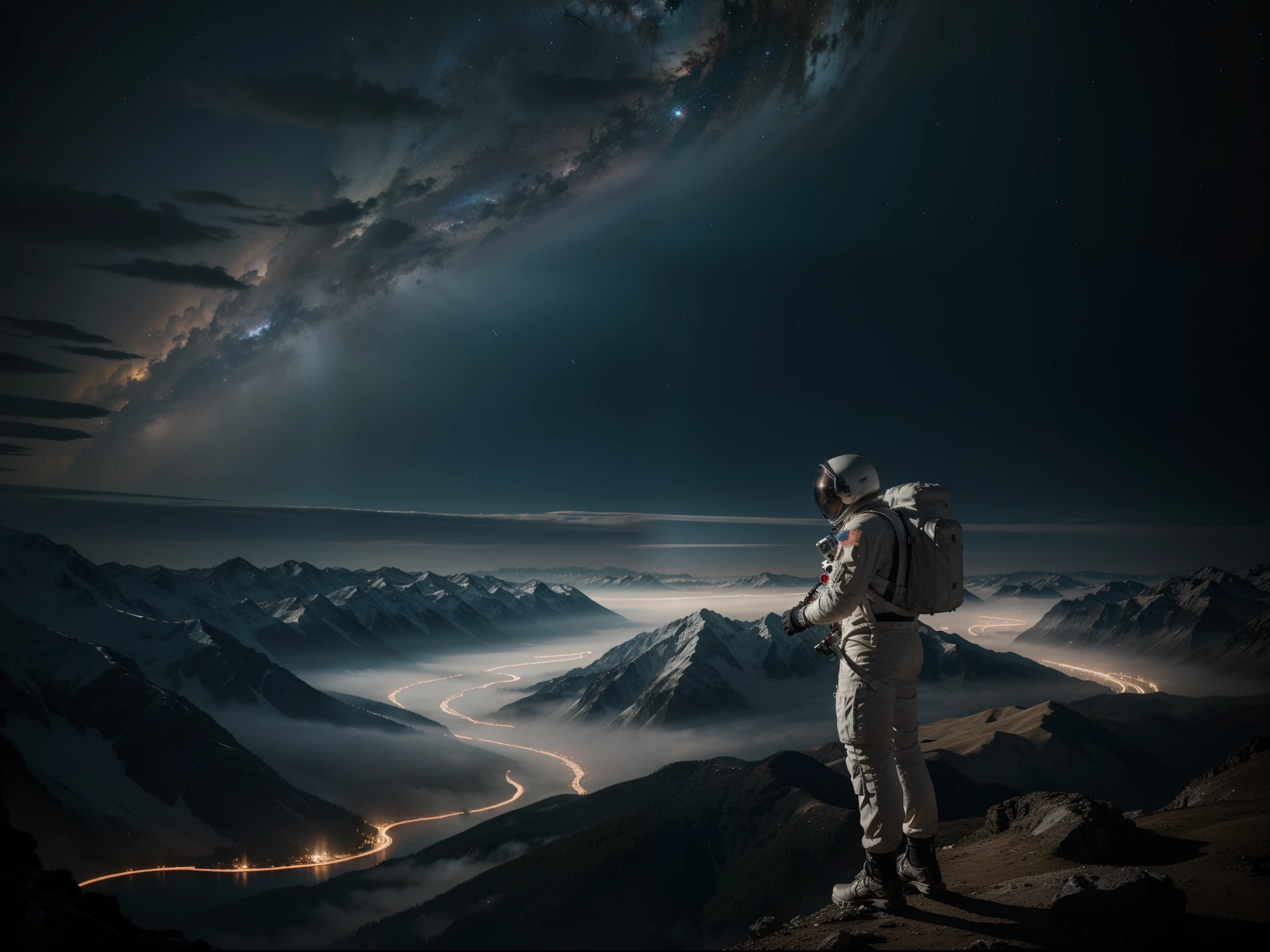 hyper-realistic ultra HD photograph of a astronaut overlooking a valley. Long-exposure, photography captured with expert precision, 64k resolution photorealistic Masterpiece by Ridley Scott, intricately detailed fluid painting, HD, professional photography, dark lighting, volumetric lighting maximalist photo illustration, 64k resolution concept art with intricately detailed, complex, elegant, expansive, fantastical, ultra sharp, 64k
