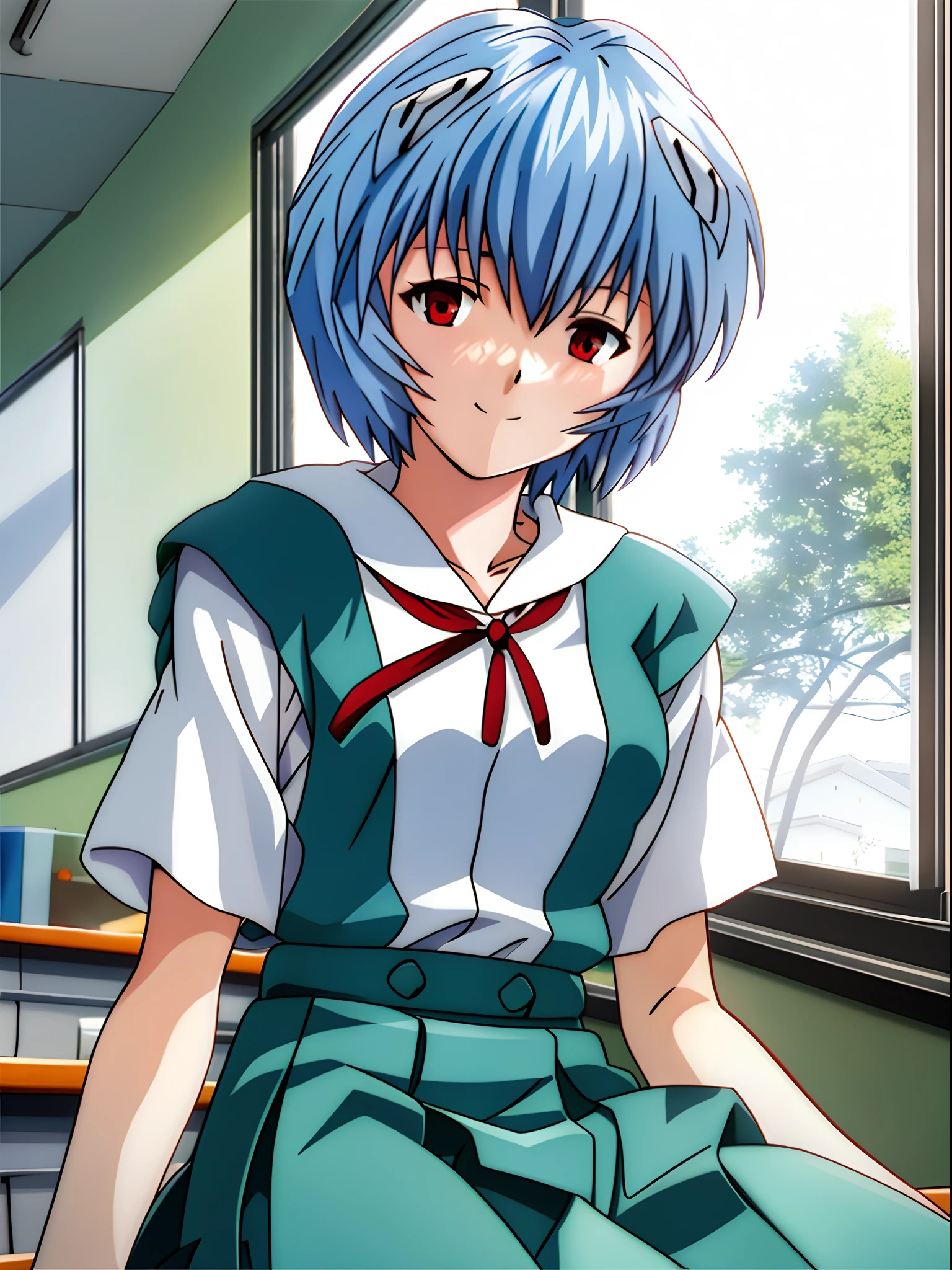 1 girl, Ayanami, Evangelion, 8K, best quality, school uniform, classroom, gentle smile, sitting in chair, looking out the window, dusk light, more details