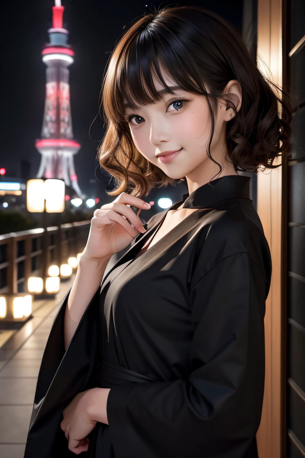 studio lights、depth of fields、The upper part of the body、A slender、cute  face、a smile、Beautiful detail eyes、Japan 19 years old、cute little、Voluminous curls with warm black color、plaza、rcasual、Tokyo Skytree、