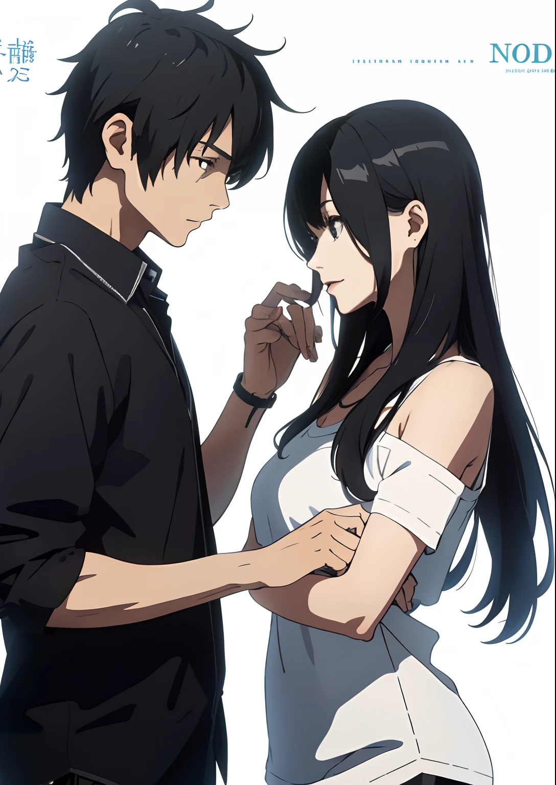 A couple looking each other in eye contact, anime, clear skinn, black hair