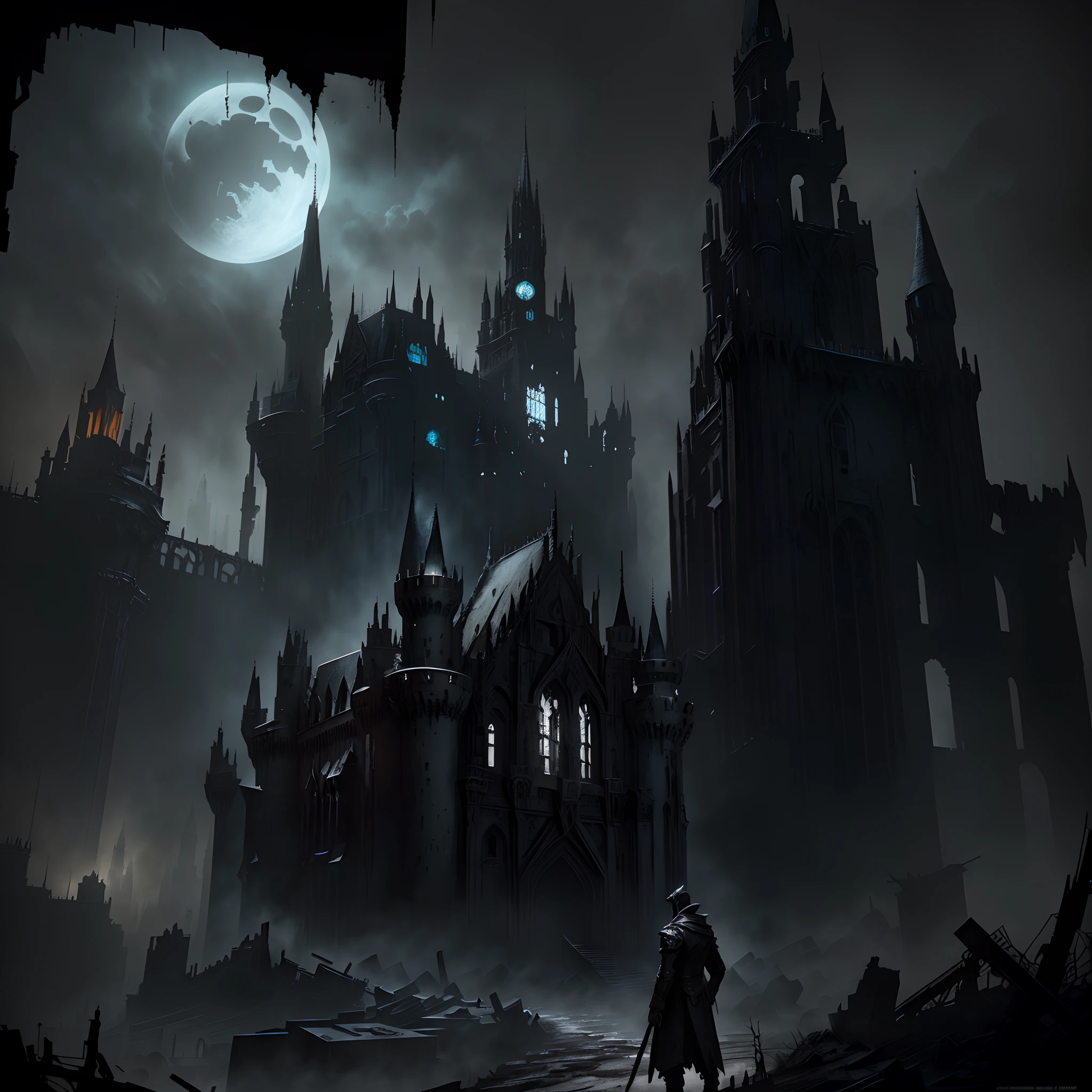 There are drawings of the castle,A man stood in front, dramatic concept art, post - apocalyptic magic kingdom, black and white matte painting, Gothic epic library concept, ornate city ruins, dark high-contrast concept art, Gothic dystopian interior, Ruined cityscape, concept art highly detailed, bloodborne concept art, Dystopian digital concept art