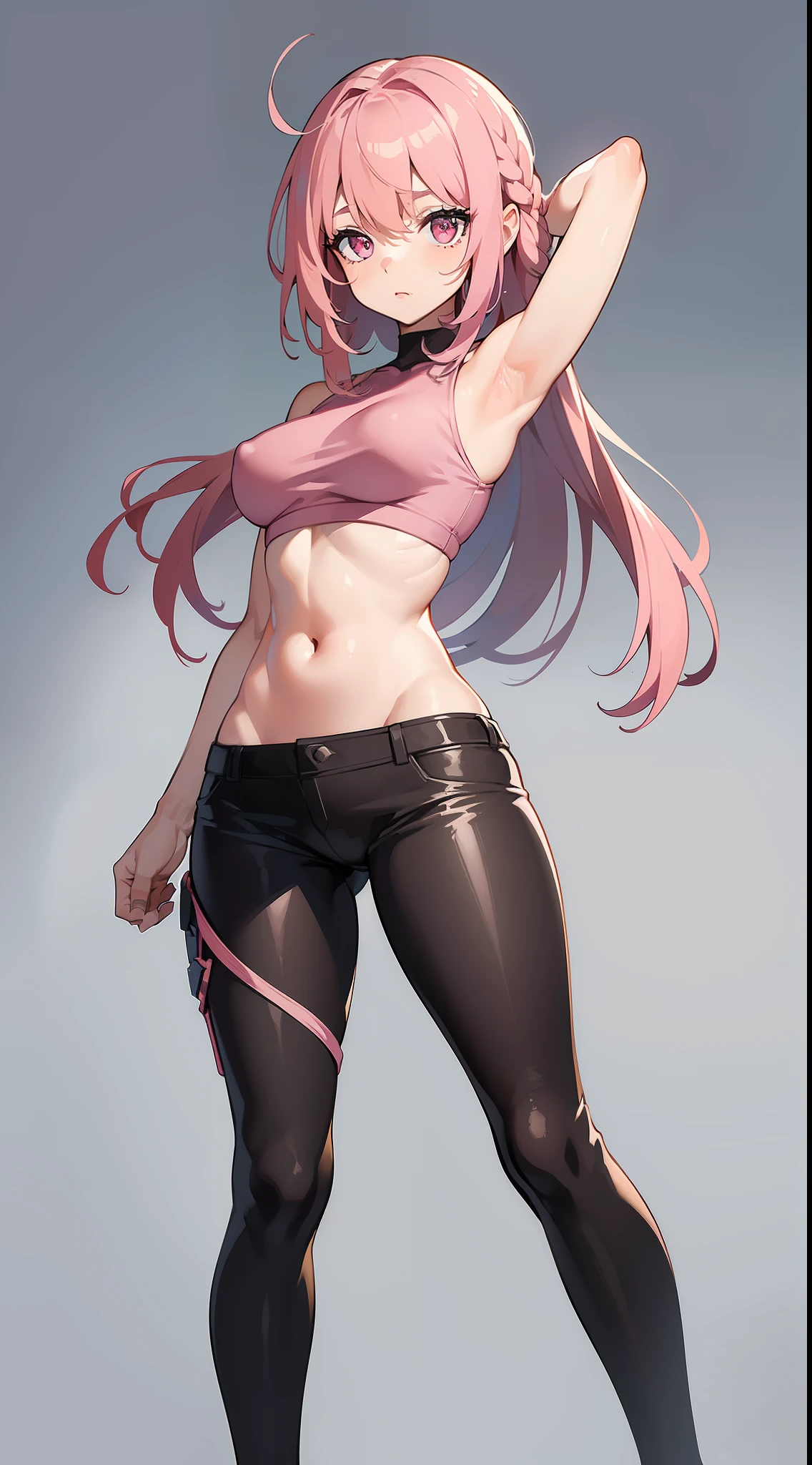 (masterpiece,best quality,perfect anatomy:1'0),(perfect eyes,detailed eyes,ultra hd resolution,detailed face:1,0),(experssive face,expressive eyes:1,2),(perfect body,medium breast,perfect color:1,0),(pink hair,long hair,single braid,pink eyes:1,1),(crop top,showing Belly,hot pants:1,0),(full body headshoot,standing,arms behind head,showing armpits,solo,1-girls:1,0),blushing,cute face