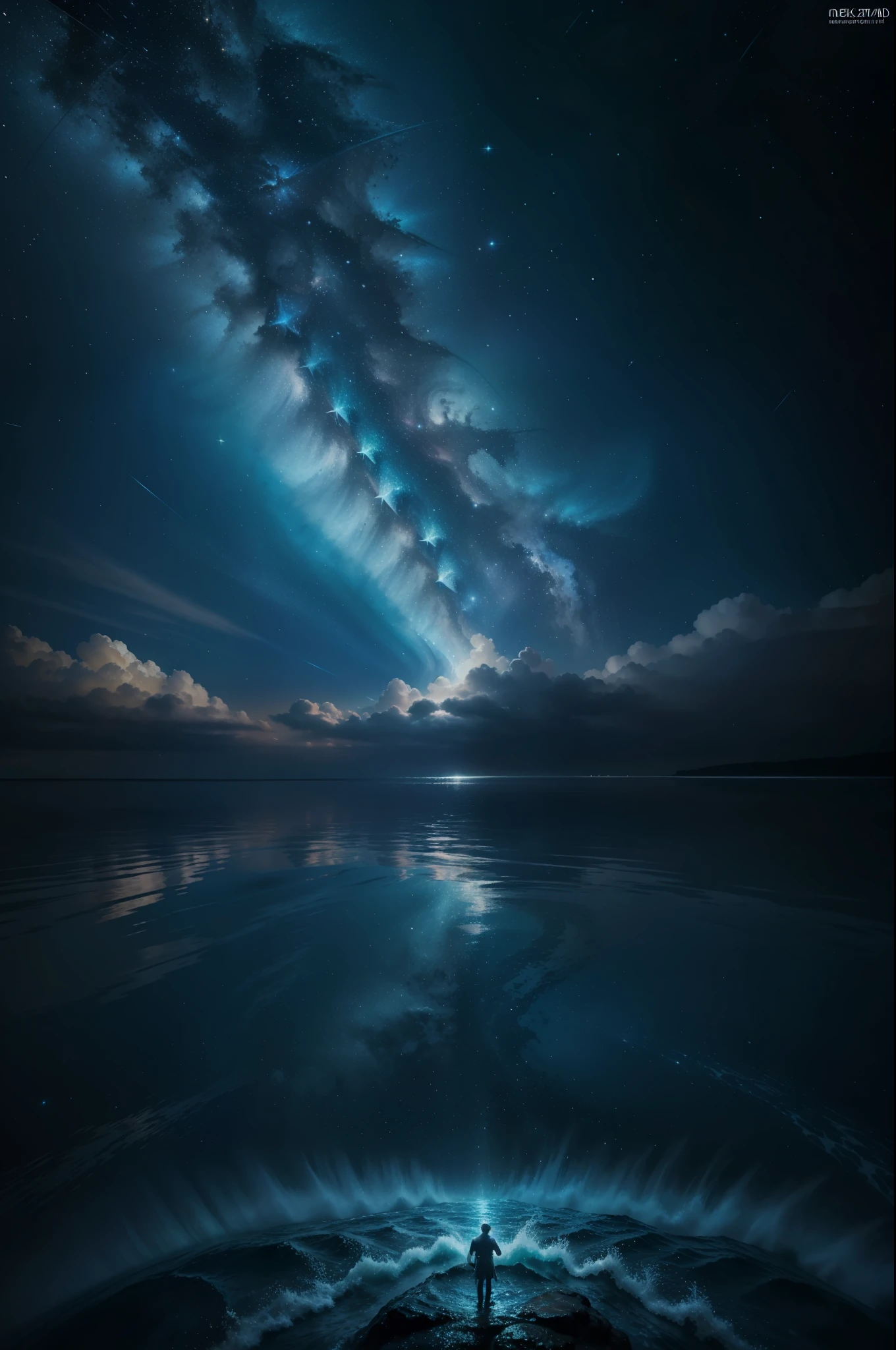 hyper realistic, You under the starry sea, 64k resolution photorealistic Masterpiece, intricately detailed fluid painting, HD, professional photography, dark lighting, volumetric lighting maximalist photo illustration, 64k resolution concept art with intricately detailed, complex, elegant, expansive, fantastical, ultra sharp, 64k