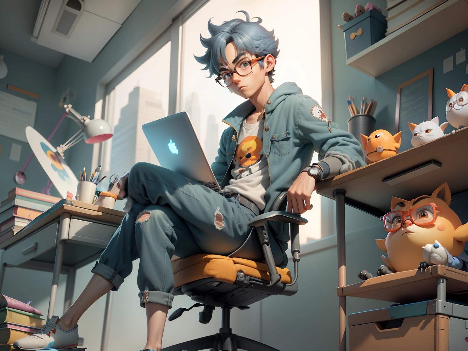 A young man with glasses sits at his desk,holding laptop,digitial painting,3D character design by Mark Clairen and Pixar and Hayao Miyazaki and Akira Toriyama,4K HD illustration,Very detailed facial features and cartoon-style visuals。