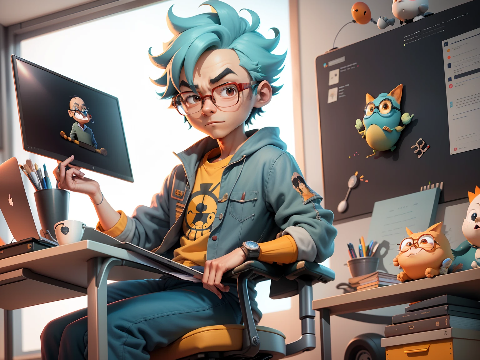 A young man with glasses sits at his desk,holding laptop,digitial painting,3D character design by Mark Clairen and Pixar and Hayao Miyazaki and Akira Toriyama,4K HD illustration,Very detailed facial features and cartoon-style visuals。