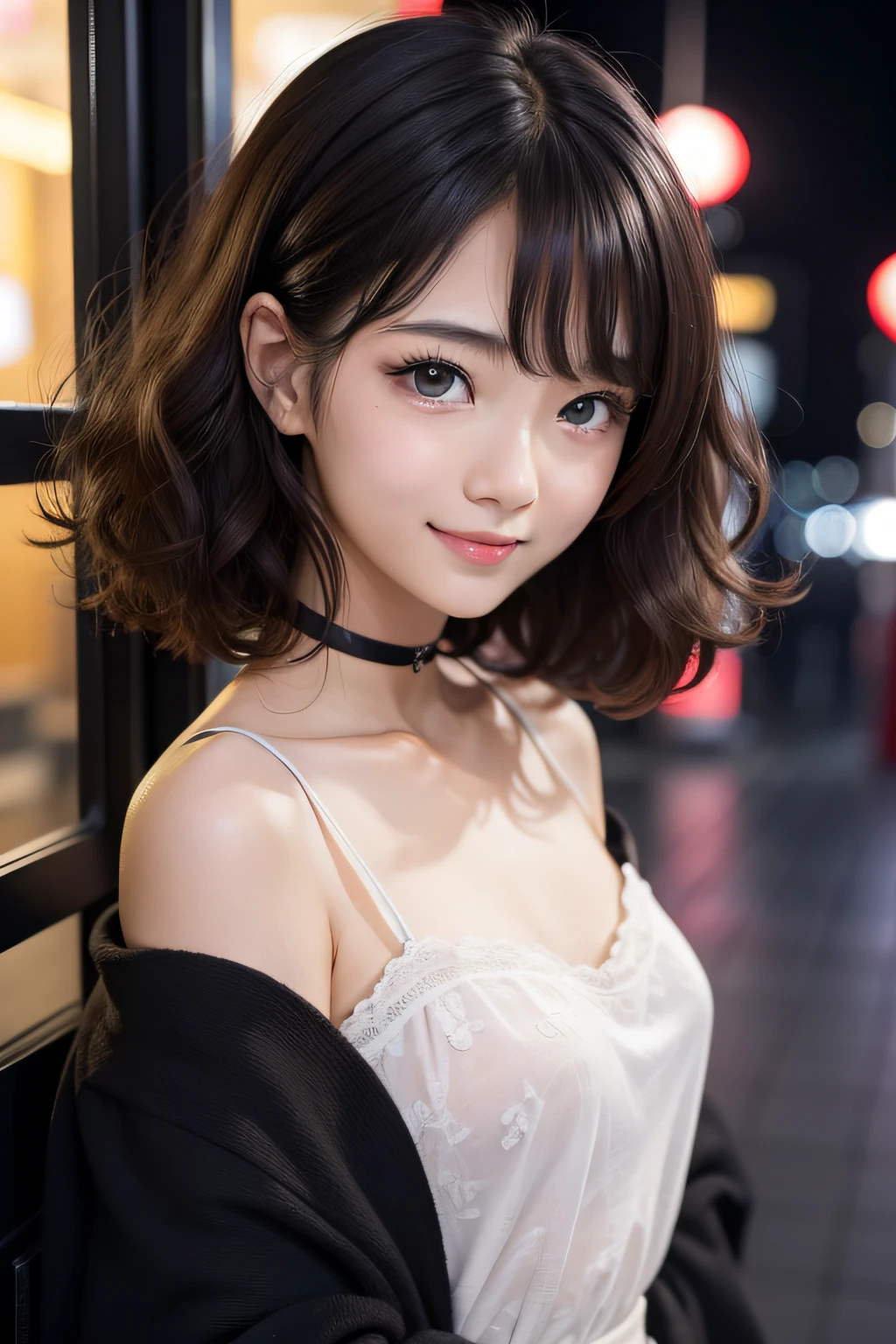 studio lights、depth of fields、The upper part of the body、A slender、cute face、a smile、Beautiful detail eyes、Japan 19 years old、cute little、Voluminous curls with warm black color、plaza、rcasual、Tokyo Skytree、