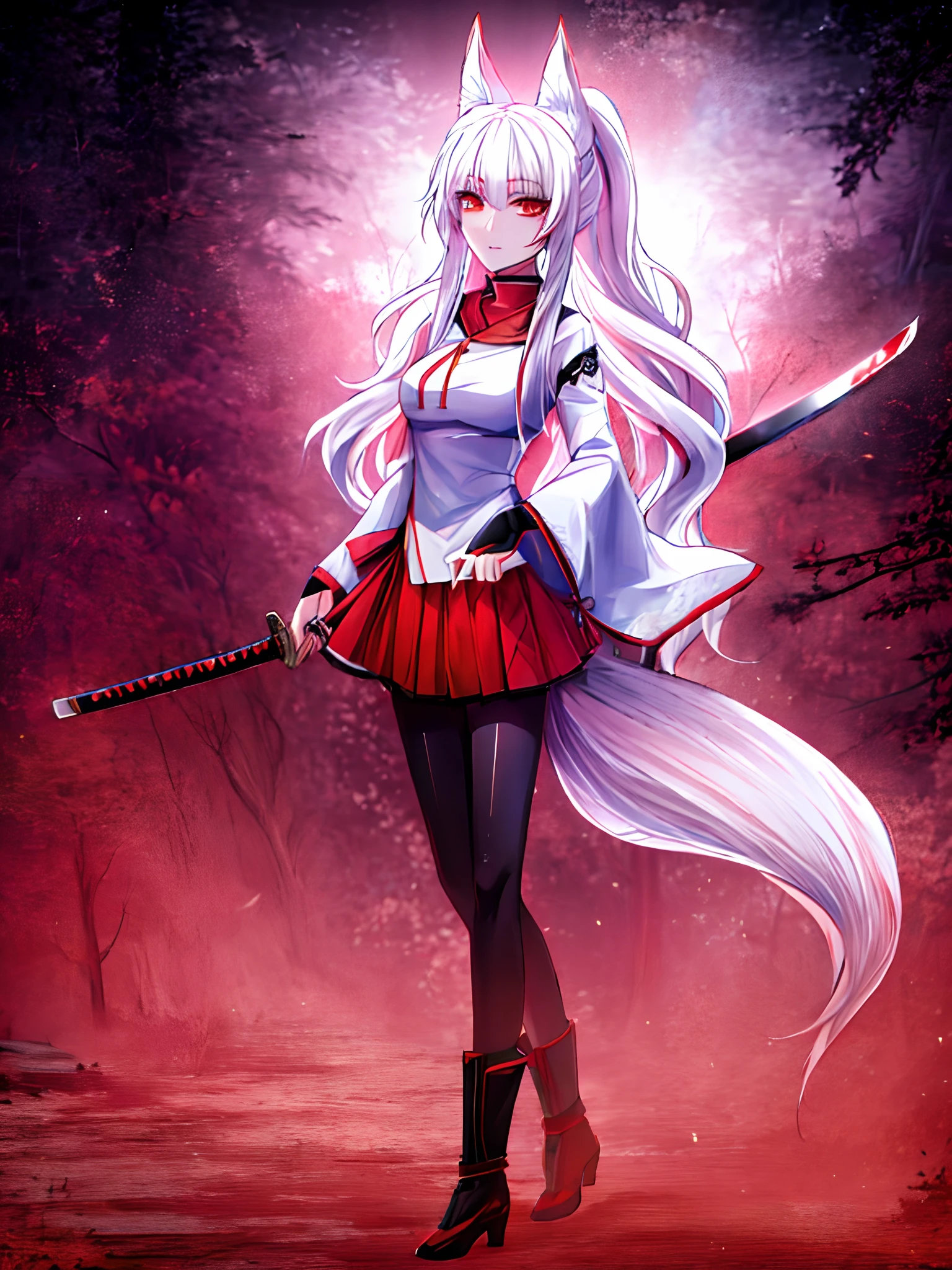 anime kitsune girl with long white hair in ponytail holding a katana and wearing a skirt, anime kitsune holding a katana, white haired deity, (high quality), ((extreme detail)), red eyes, forest village in background