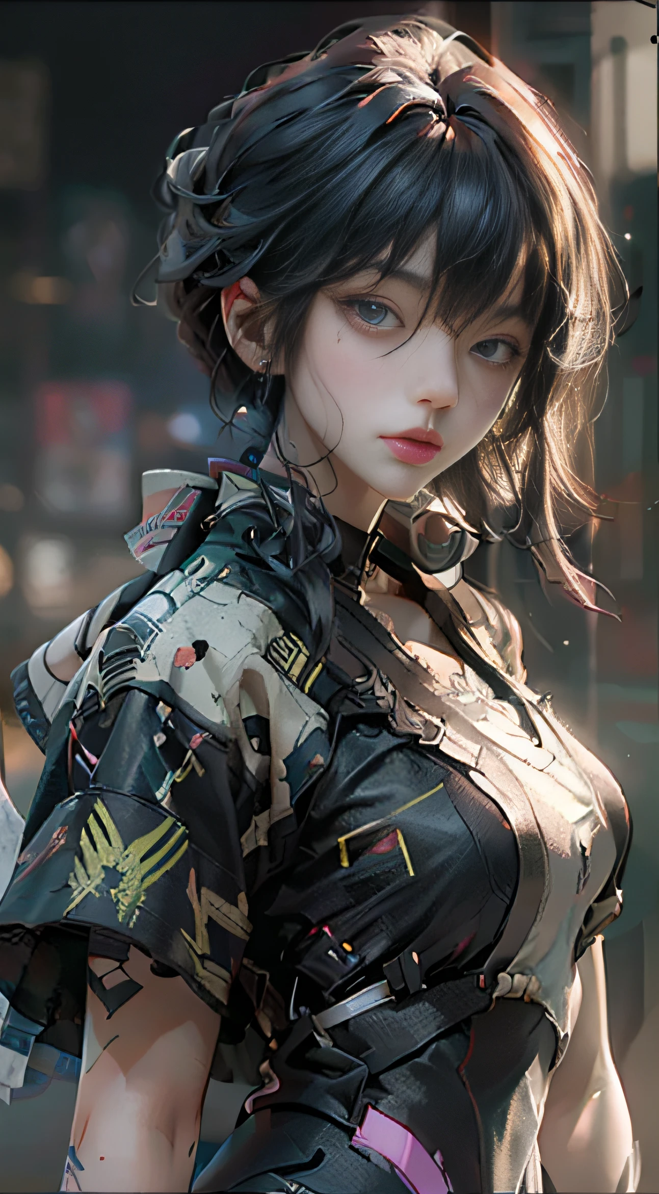 1girl, franja, cabelo preto, olhos azuis, fashi-girl, corte bob, cabelo curto, decote, 鎖骨, jaqueta aberta, mecha, cyberpunk, luzes neon, seios grandes, female mature, pele brilhante, chuva, gota d'water, badass, sedutor,mecha musume,fantasma na casca,red-lips,olhando para o lado,boca fechada,fones de ouvido,cinematic lighthing