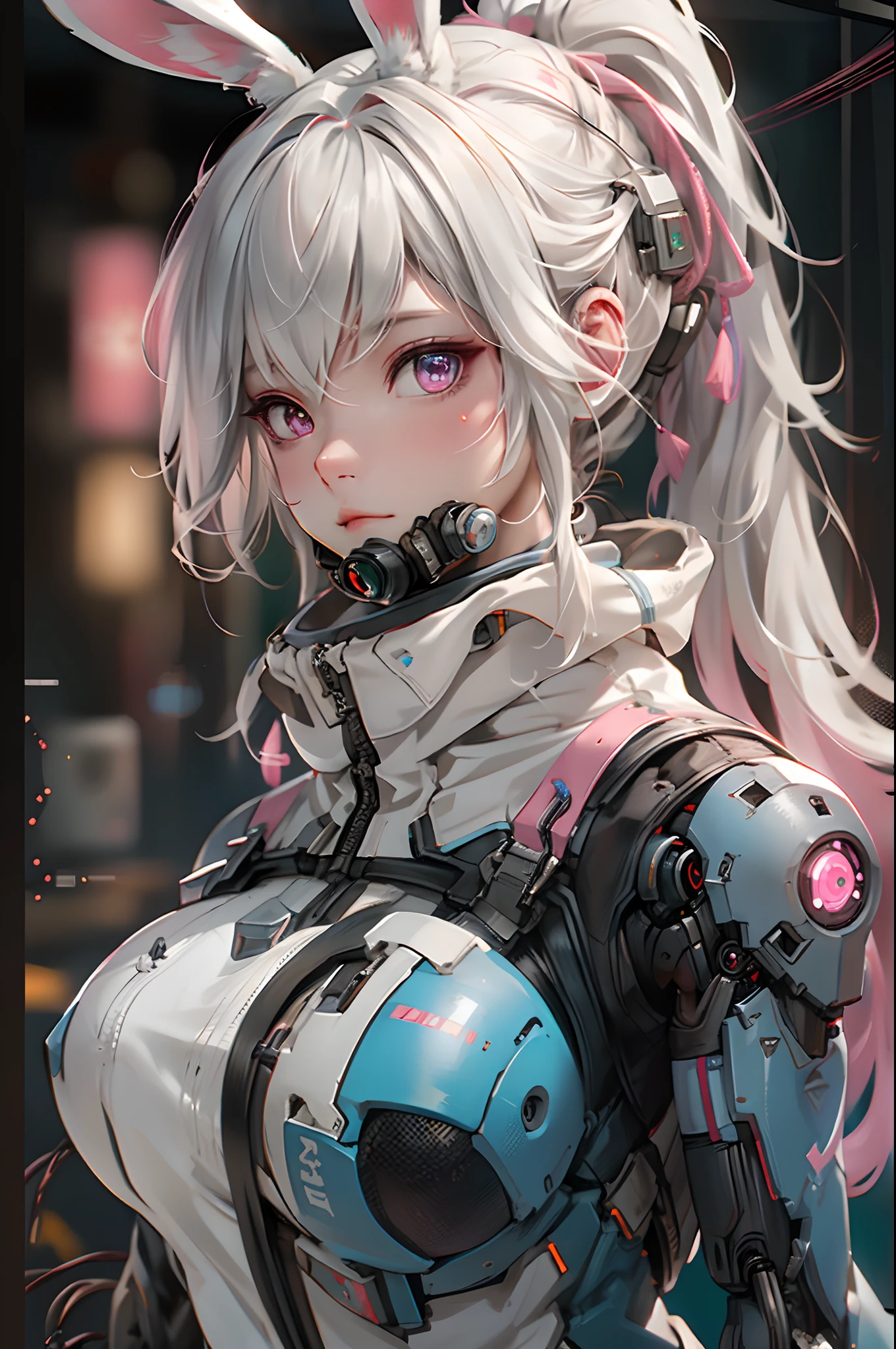 ((best qualtiy)),Cyborg girl in cyborg style，Gray hair，Long ponytail hairstyle，Wear headphones in the shape of rabbit ears and a gas mask，The gas mask has a green light on the surface，Dressed in a white suit，There are long pink bands of light on the clothes，Pink eyes，（black glove），The left hand is a mechanical prosthesis，The main body is connected by wires and pipes， ((tmasterpiece)), (the detail:1.4), 3D, A beautiful cyberpunk female image,HDR（HighDynamicRange）,Ray traching,NVIDIA RTX,Super-Resolution,Unreal 5,Subsurface scattering、PBR Texture、post-proces、Anisotropy Filtering、depth of fields、maximum definition and sharpness、Many-Layer Textures、Albedo e mapas Speculares、Surface Coloring、Accurate simulation of light-material interactions、perfectly proportions、Octane Render、Two-colored light、largeaperture、Low ISO、White balance、the rule of thirds、8K RAW、