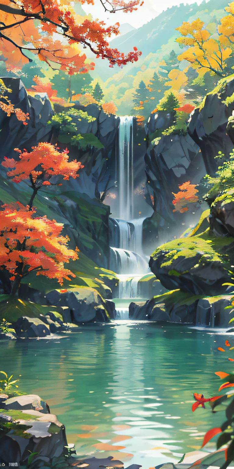 Chinese big breasts、Cope with high temperatures、autumn scenery、ginkgo leaf、jungles、lakes、hole in the mountains、waterfallr，The tree、grassy fields、Rochas、hot onsen、hydrosphere、（illustratio：1.0）、Epic composition、Realistic light、high definition detail、tmasterpiece、Best quality，（非常详细的 CG 统一 8k 壁纸）