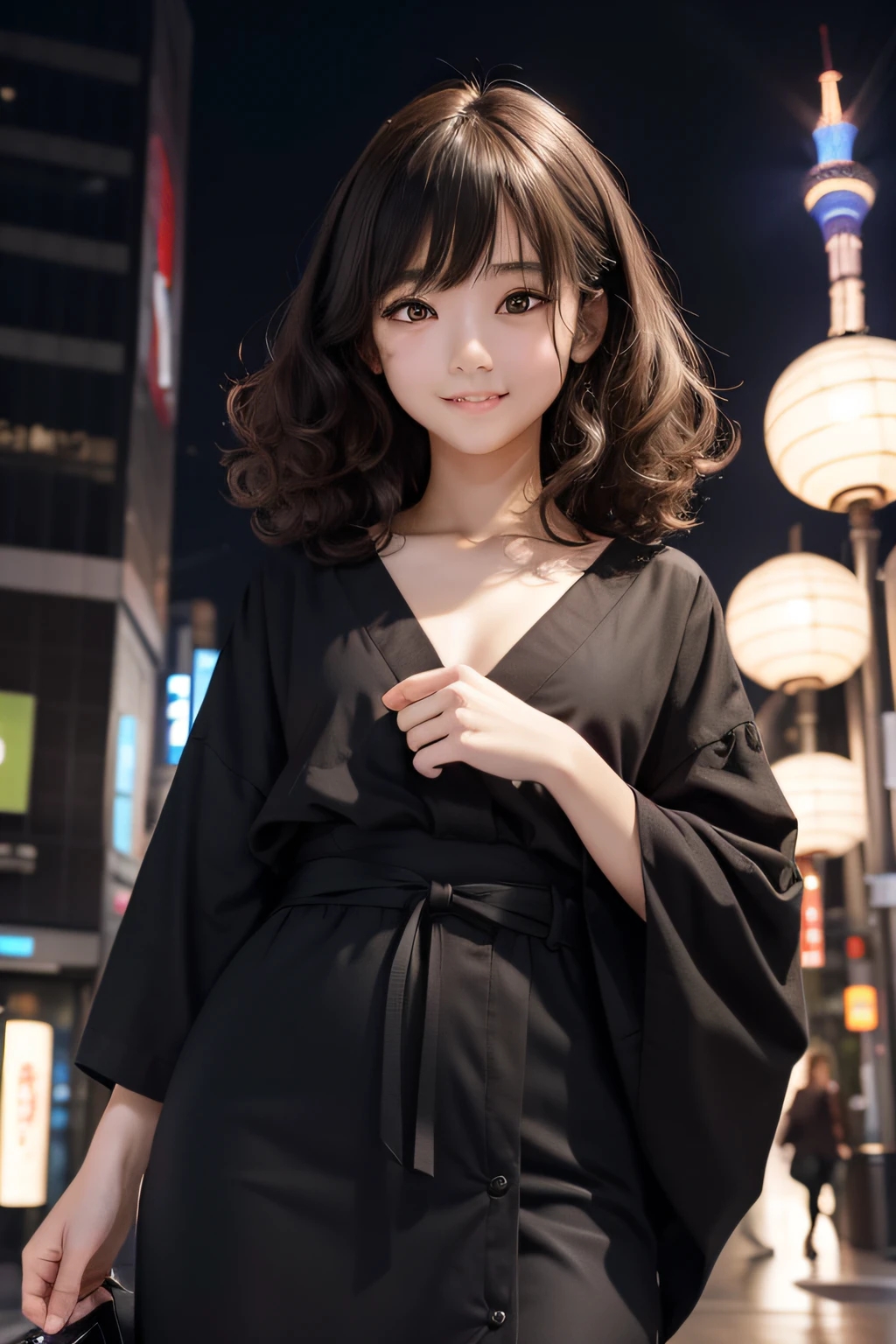 studio lights、depth of fields、The upper part of the body、A slender、cute face、a smile、Beautiful detail eyes、Japan 19 years old、cute little、Voluminous curls with warm black color、plaza、rcasual、Tokyo Skytree、