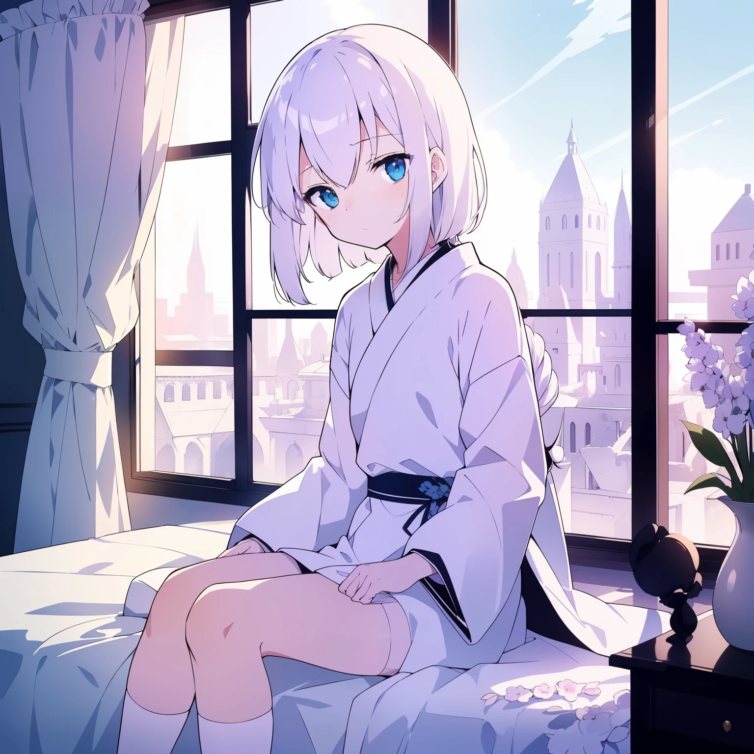 “(0～3 people)(((best quality))),(((ultra detailed))),(((masterpiece))),illustration,1 people,white hair,sad expression,white hanfu,in palace,cold palace,daytime,sitting on bed,looking at window”