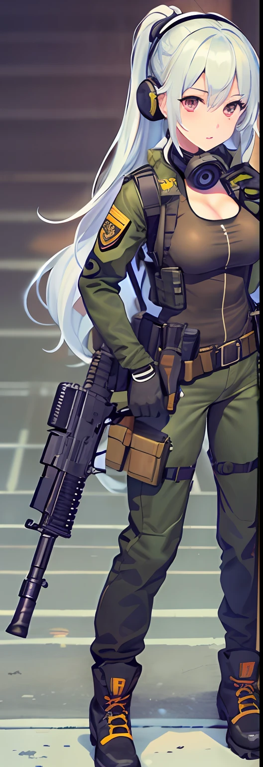 1girll， 独奏， long whitr hair， White color hair， Large breasts， nabel， halter， arma， shorter pants， hason， Hold the weapon， guns， Military， Earphone， take gun， rifles， hand gun， Earphone， Realistis， assault rifle， disguise， m4 carbine， Load-bearing vest，Wear EP tactics