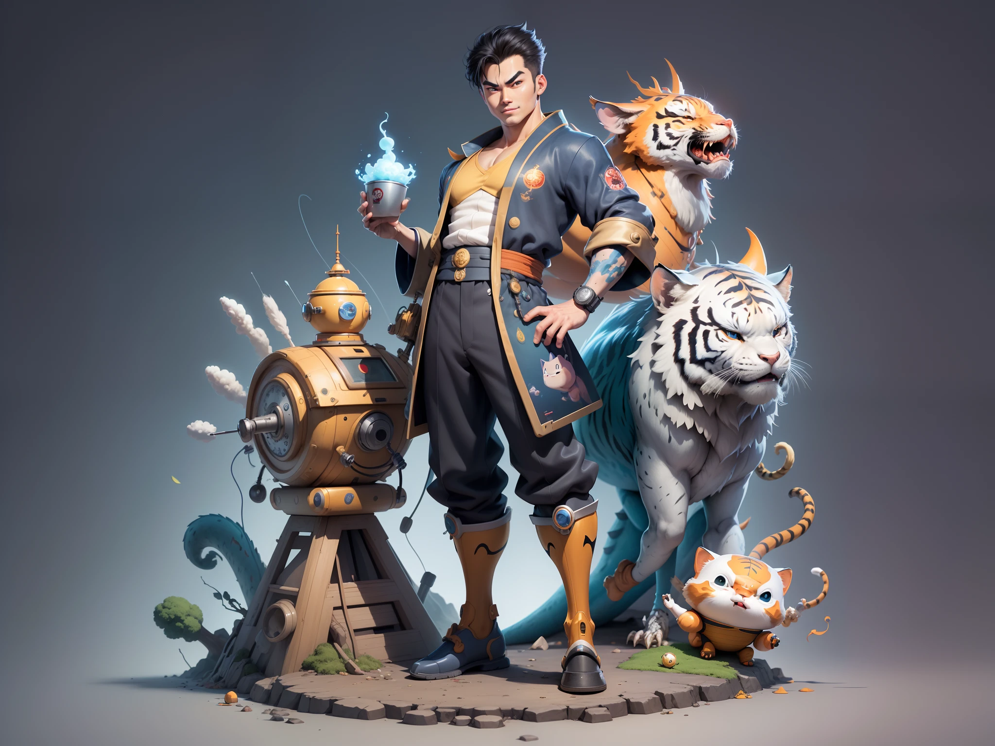 (Masterpiece), (Excellent), (Super Meticulous), (Full Body: 1.2), Super Young Man with Japanese Female Geisha, Pretty, Beautiful, Chinese Dragon, Tiger, Wind God Thor, Sexy, Bursting, Oriental Face, TV Anchor, Bust Portrait Illustration, Black Suit, Blue Tie, Slightly Chubby Face, Silver Glasses, Very Clean Face, No Beard on Chin, Black Super Short Hair, Black Eyes, Confident Smile, 3c Computer Sub-Products, iPad, iPhone, Digital Painting, 3D character design by Mark Clairedon and Pixar and Hayao Miyazaki and Akira Toriyama, the illustrations are HD illustrations in 4K resolution with highly detailed facial features and cartoon-style visuals.