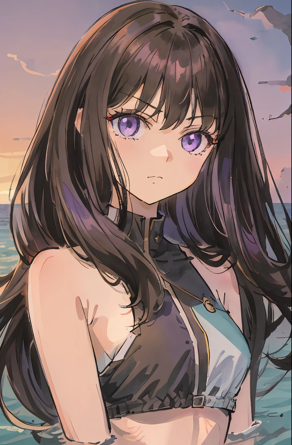 Beautiful and cute girl with menacing glare, 1girl in, Solo, Long hair, A dark-haired,Purple eyes, hair messy, long hair bangs, Beautiful detailed eyes, Looking at Viewer, deadpan, Closed mouth, Portrait, Bangs,swim wears, Upper body,bad-girl, Small breasts, Backlight, beach