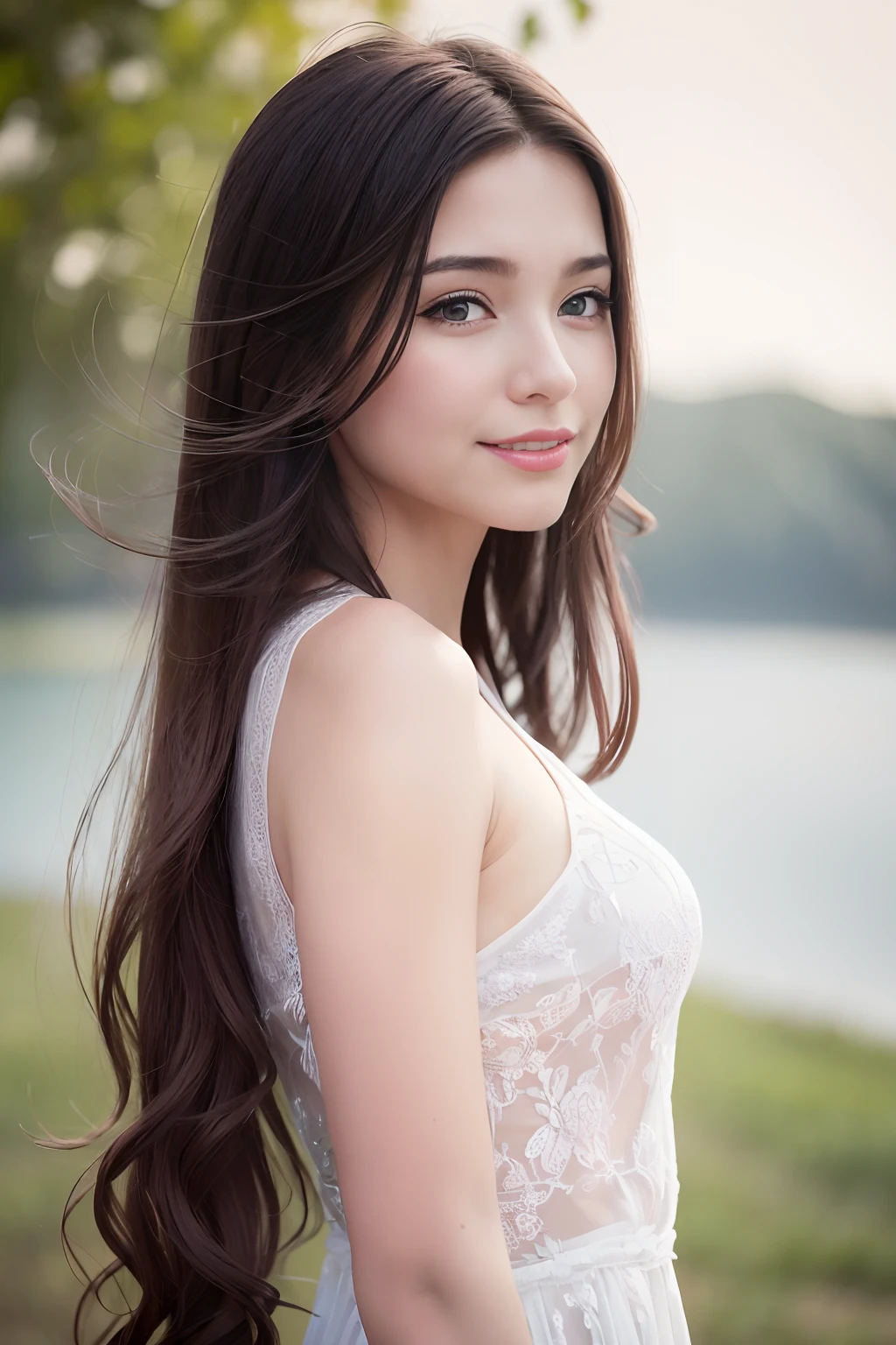 (8k, Best Quality, Masterpiece: 1.2), (Realistic, Realistic:1.37), Ultra Detailed, 1 Girl, Cute, Solo, Beautiful Detailed Sky, Dating, (Nose Red), (Smile: 1.15), (Shut Up) Small Breasts, Beautiful Delicate Eyes, (Long Hair: 1.2), Flowing Hair NovaFrogStyle, Upper body, Vest