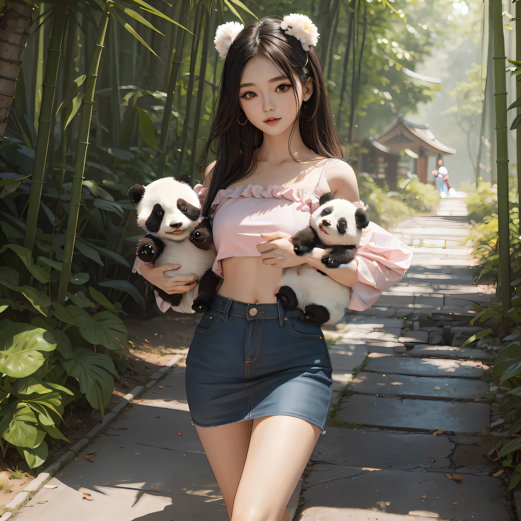 The girl's palm rests on the panda's snow-white belly