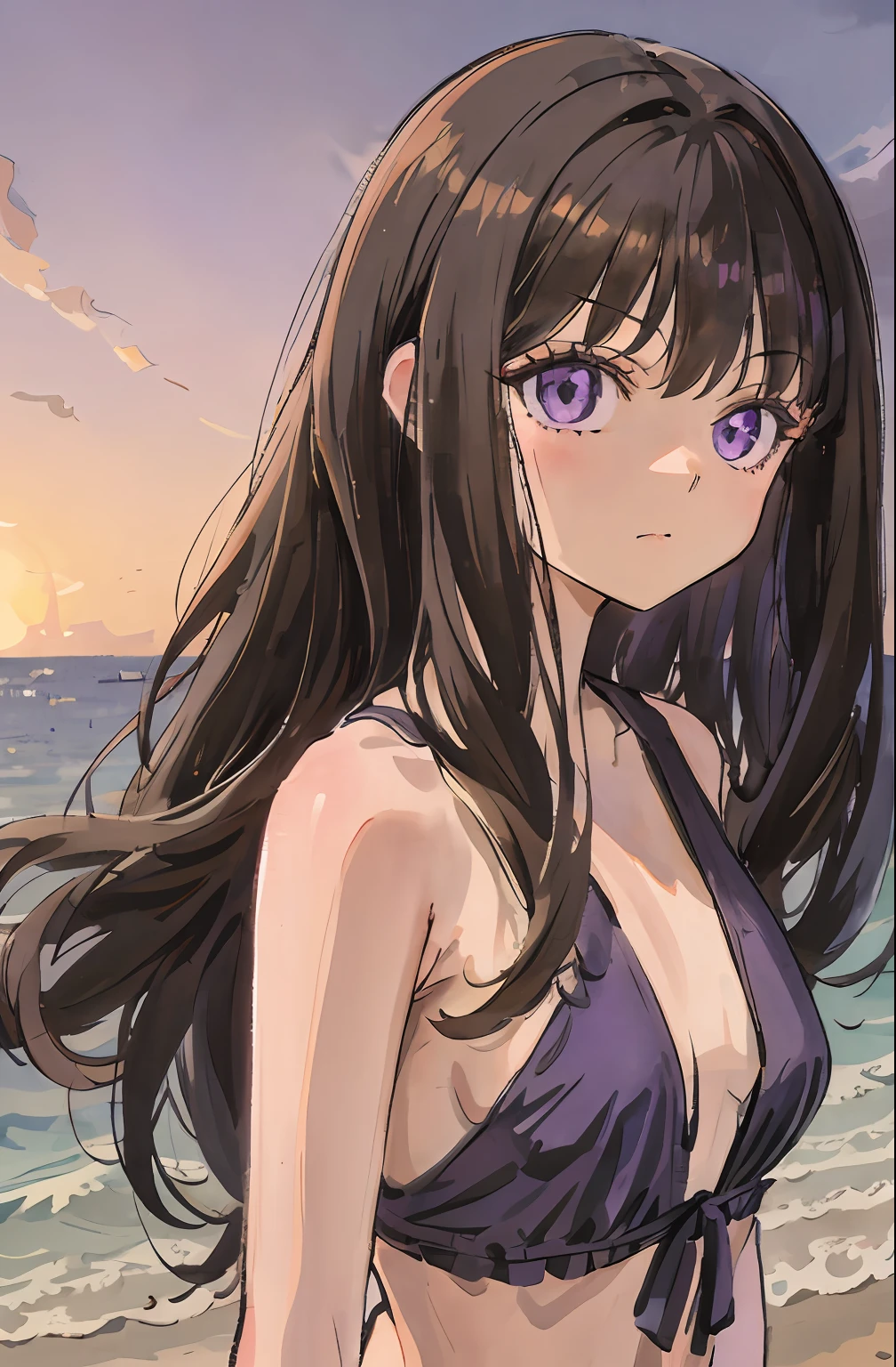 Beautiful and cute girl with shame, 1girl in, Solo, Long hair, A dark-haired,Purple eyes, hair messy, long hair bangs, Beautiful detailed eyes, Looking at Viewer, deadpan, Closed mouth, Portrait, Bangs,Cute swimsuit, Upper body,bad-girl, Small breasts, Backlight, Beach