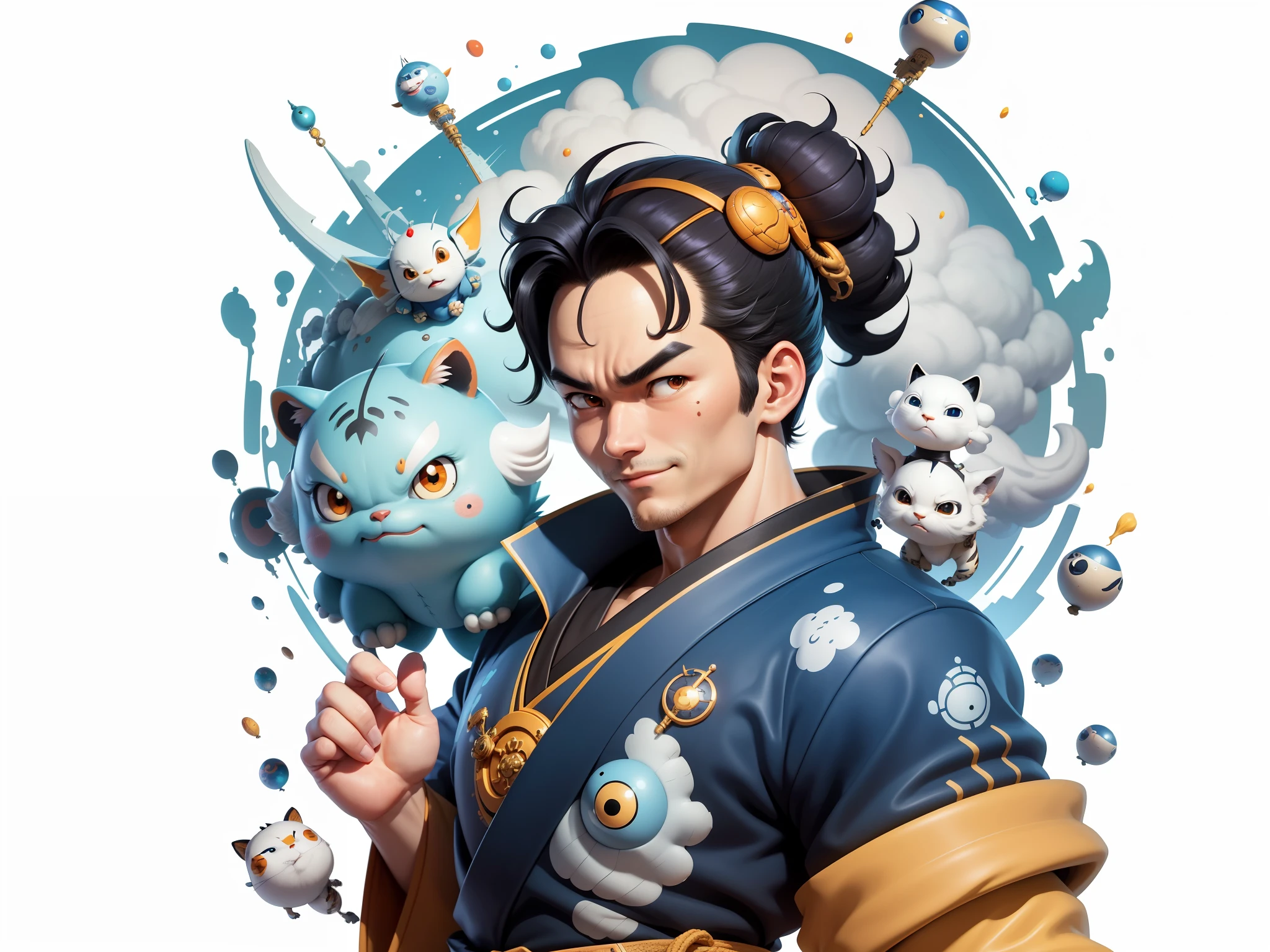 (Masterpiece), (Excellent), (Super Meticulous), (Full Body: 1.2), Super Young Man, Oriental Face, Japanese Kimono, Japanese Wind Thunder God, Dragon, Tiger, TV Anchor, Bust Portrait Illustration, Alone, Black Suit, Blue Tie, Slightly Chubby Face, Very Clean Face, No Beard, Black Super Short Hair, Black Eyes, Confident Smile, 3c Computer Sub-Products, iPad, iPhone, Digital Painting, 3D Character Design by Akira Toriyama and Mark Claireden and Pixar and Hayao Miyazaki, The illustration is a high-definition illustration in 4K resolution with very detailed facial features and cartoon-style visuals.