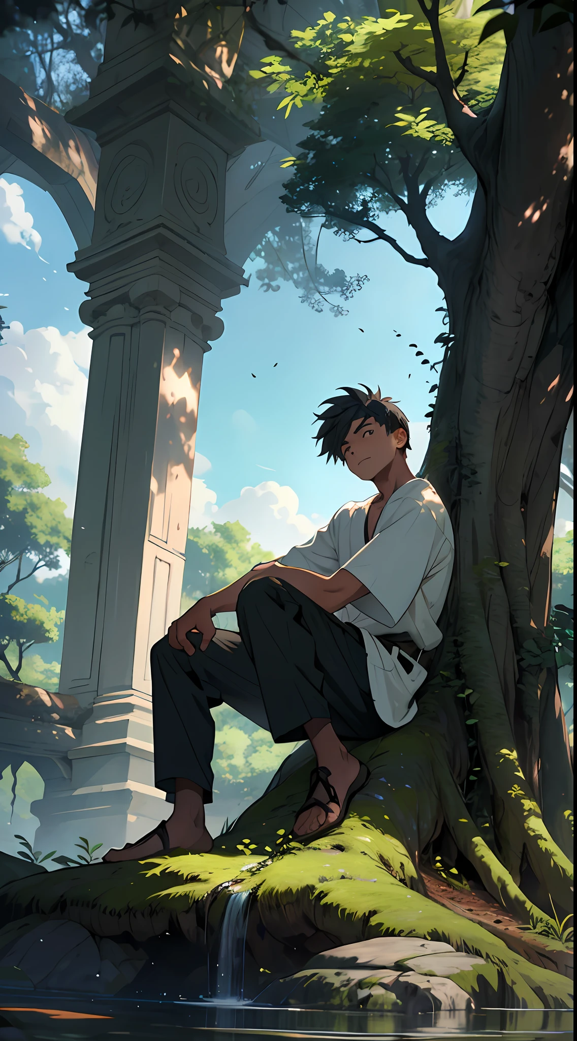 "A young boy, immersed in nature's embrace, sits beneath a towering tree, his gaze fixated on the dancing leaves above. Deep in thought, he contemplates the mysteries of the world."