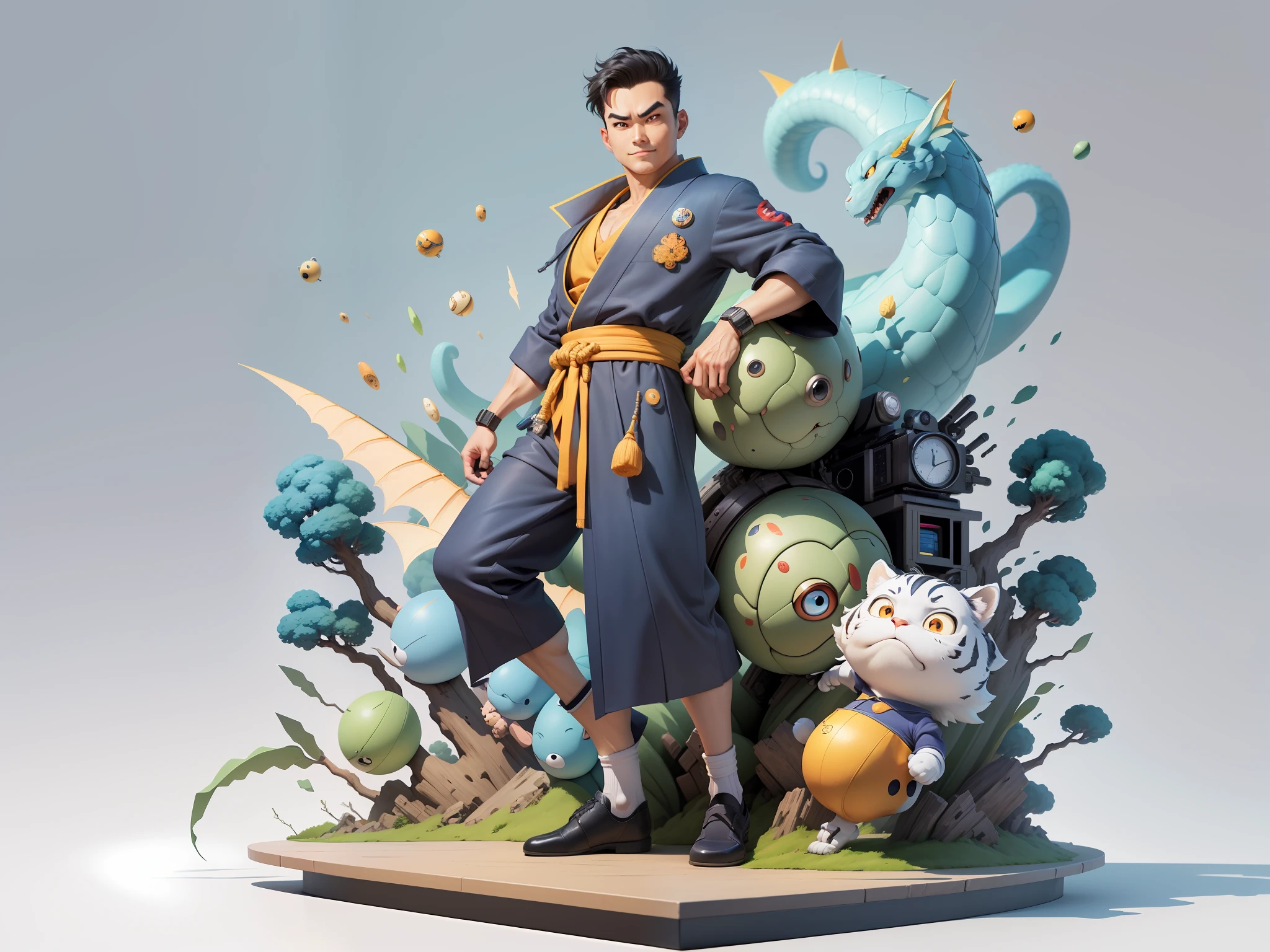 (Masterpiece), (Excellent), (Super Meticulous), (Full Body: 1.2), Super Young Man, Oriental Face, Japanese Kimono, Japanese Wind Thunder God, Dragon, Tiger, TV Anchor, Bust Portrait Illustration, Alone, Black Suit, Blue Tie, Slightly Chubby Face, Very Clean Face, No Beard, Black Super Short Hair, Black Eyes, Confident Smile, 3c Computer Sub-Products, iPad, iPhone, Digital Painting, 3D Character Design by Akira Toriyama and Mark Claireden and Pixar and Hayao Miyazaki, The illustration is a high-definition illustration in 4K resolution with very detailed facial features and cartoon-style visuals.