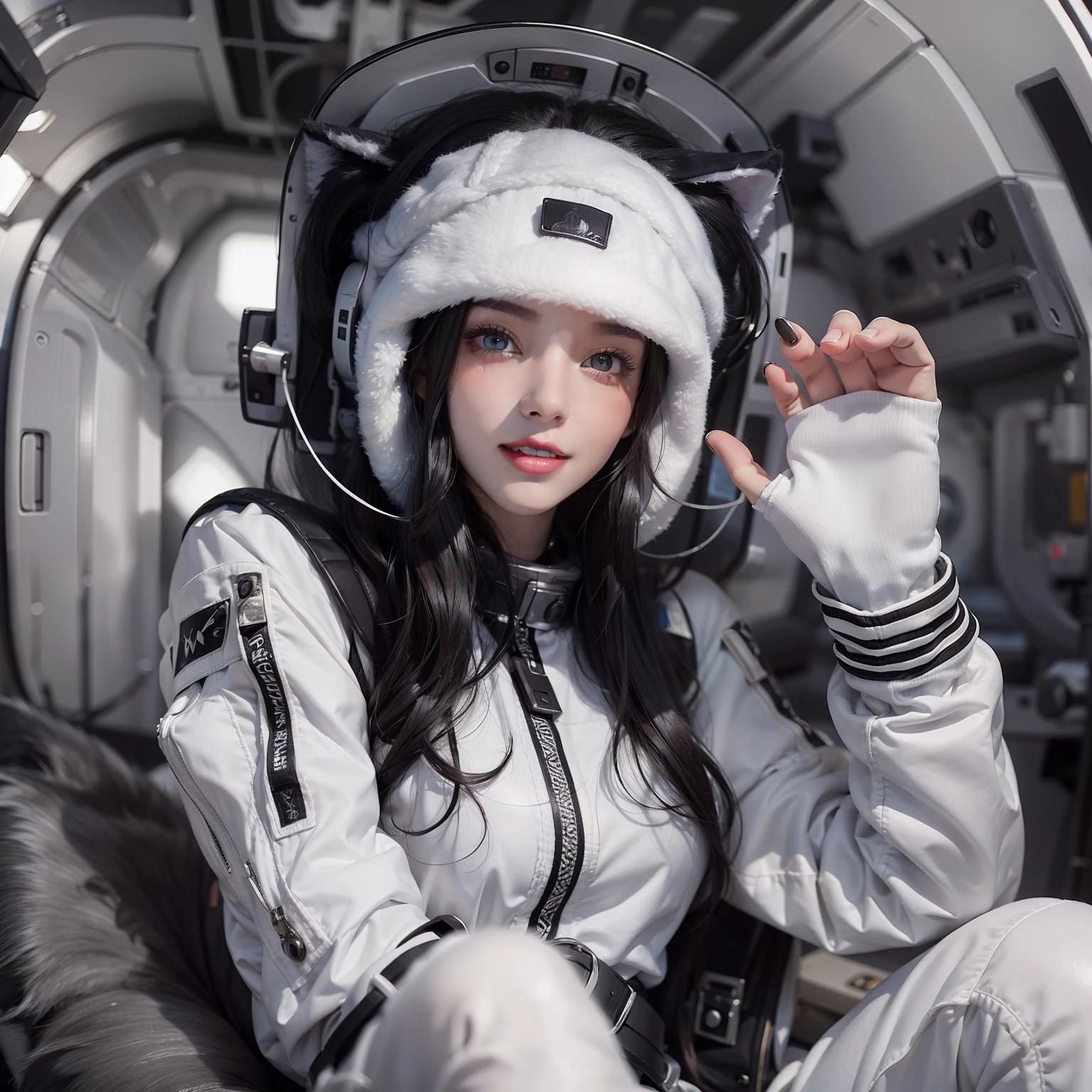 This is an illustration of a young woman with an evocative gawearing a futuristic, sci-fi inspired outfit that resembles a space suit or pilot's gear, complete with a helmet and goggles resting on her forehead. The details on the suit suggest wear and use, with text and logos indicating a fictional universe, possibly hinting at space exploration themes or competitive piloting. Her wistful expression