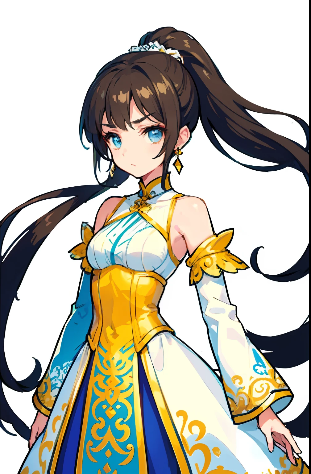 offcial art，品质最佳，finedetail，close-up all over the body，A beautiful white girl，Costumes for fantasy worlds,Wearing a yellow dress，Brown double ponytail，hair flowing，Very long ponytail，Manners are elegant，With a faint sad expression on his face，Floating in the air，Perfect figure。